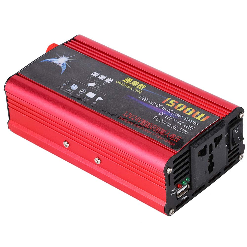 Convertidor de Corriente para Automóvil, 1500W Inversor de Energía para Automóvil Adaptador Convertidor de Cargador USB Onda Sinusoidal Modificada DC 12V / 24V a AC 220V