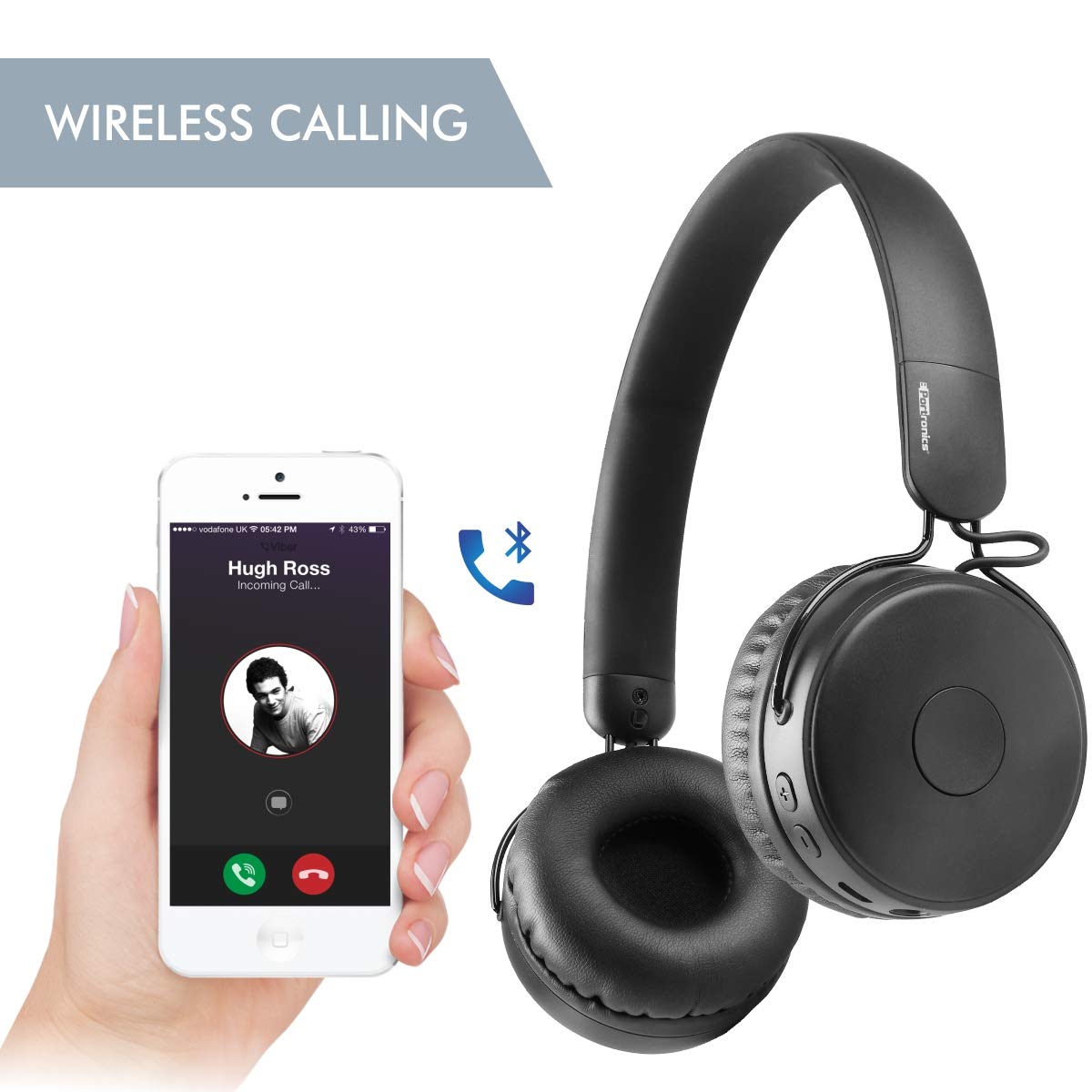 Image depicting a smartphone receiving an incoming call, connected wirelessly to Portronics Muffs M headphones.