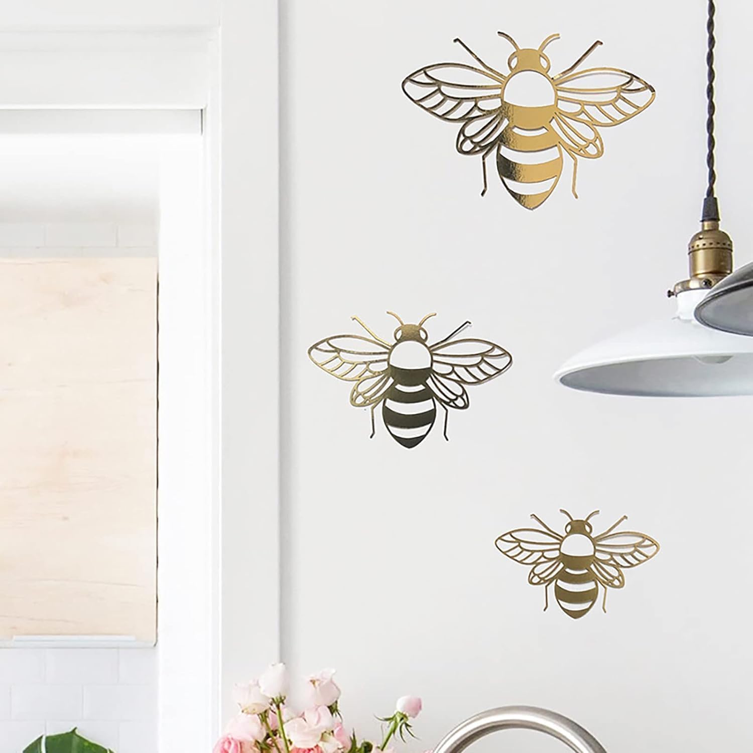 3Pcs Bee Wall Decals Honey Bee Wall Stickers Gold Honey Bee Decals,Removable DIY Bee Decoration Decals,Honeycomb Wall Decals for Kids Bedroom Living Room Nursery Playroom Decorations