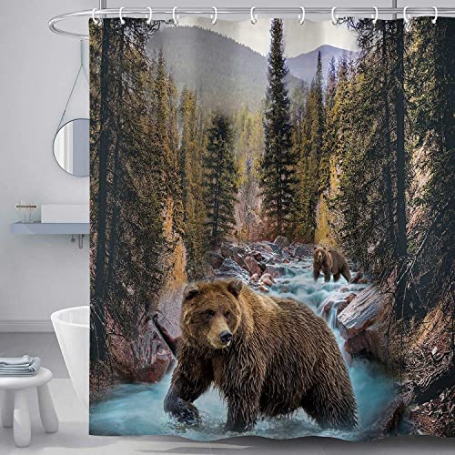 Hajmsug Forest Bear Shower Curtain, Misty Mountains Wildlife Farm Rustic National Park Jungle Rainforest Stream River Rock Natural Landscape Fabric Bathroom Decor Curtain With Hook, 69X70 #TOP4