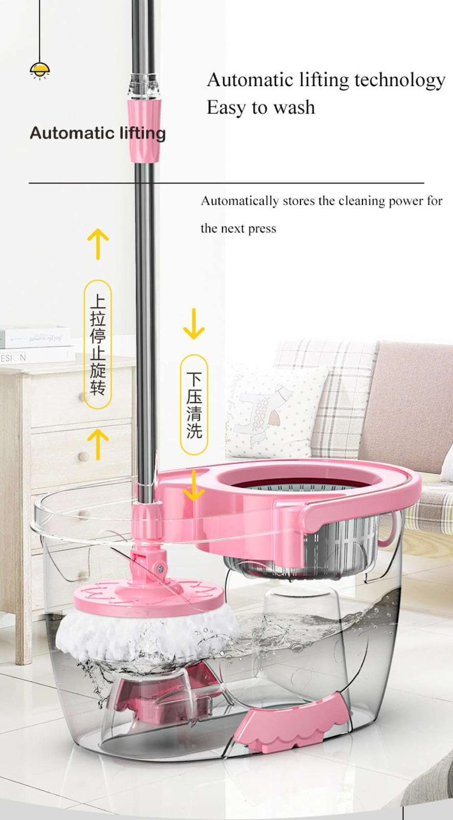 NIBHZ Sistema de Cubo y Trapeador Giratorio, Juego de Trapeador y Cubo con Escurridor para El Hogar, Herramienta de Limpieza de Pisos Giratoria 360 con 2 Recambios de Cabezal