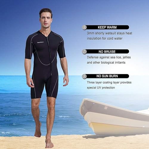 Miniatura 5 de Traje de neopreno corto de 0118 in 3 mm para hombre de cuerpo entero con cremallera frontal que sirve como traje de buceo para practicar snorkel