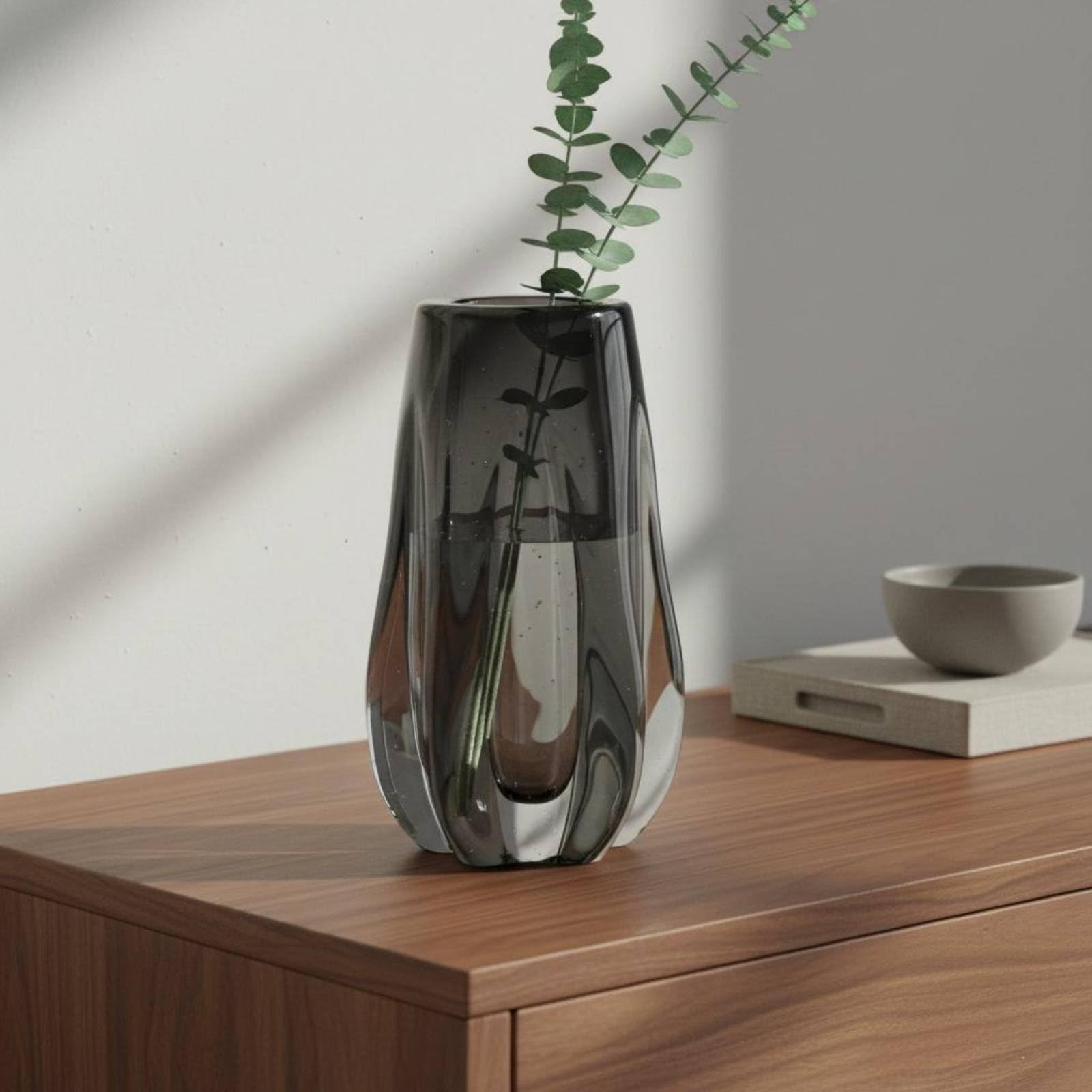 Vaso Decorativo in Vetro Soffiato Vaso Contenitore Centrotavola Superficie Levigata Brillante con Effetto Cattura Moderno Essenziale Adatto per Steli, Grigio, M