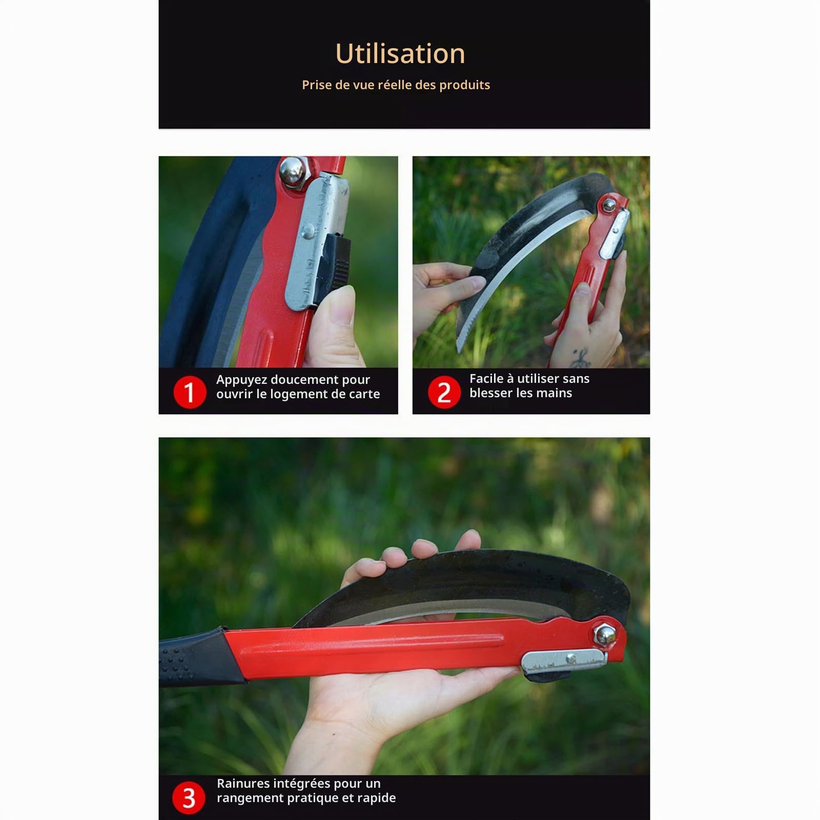 Faucille pliable pour le jardinage multi-usages, faucille à gazon pour désherbage, faucille de sécurité portable (B)