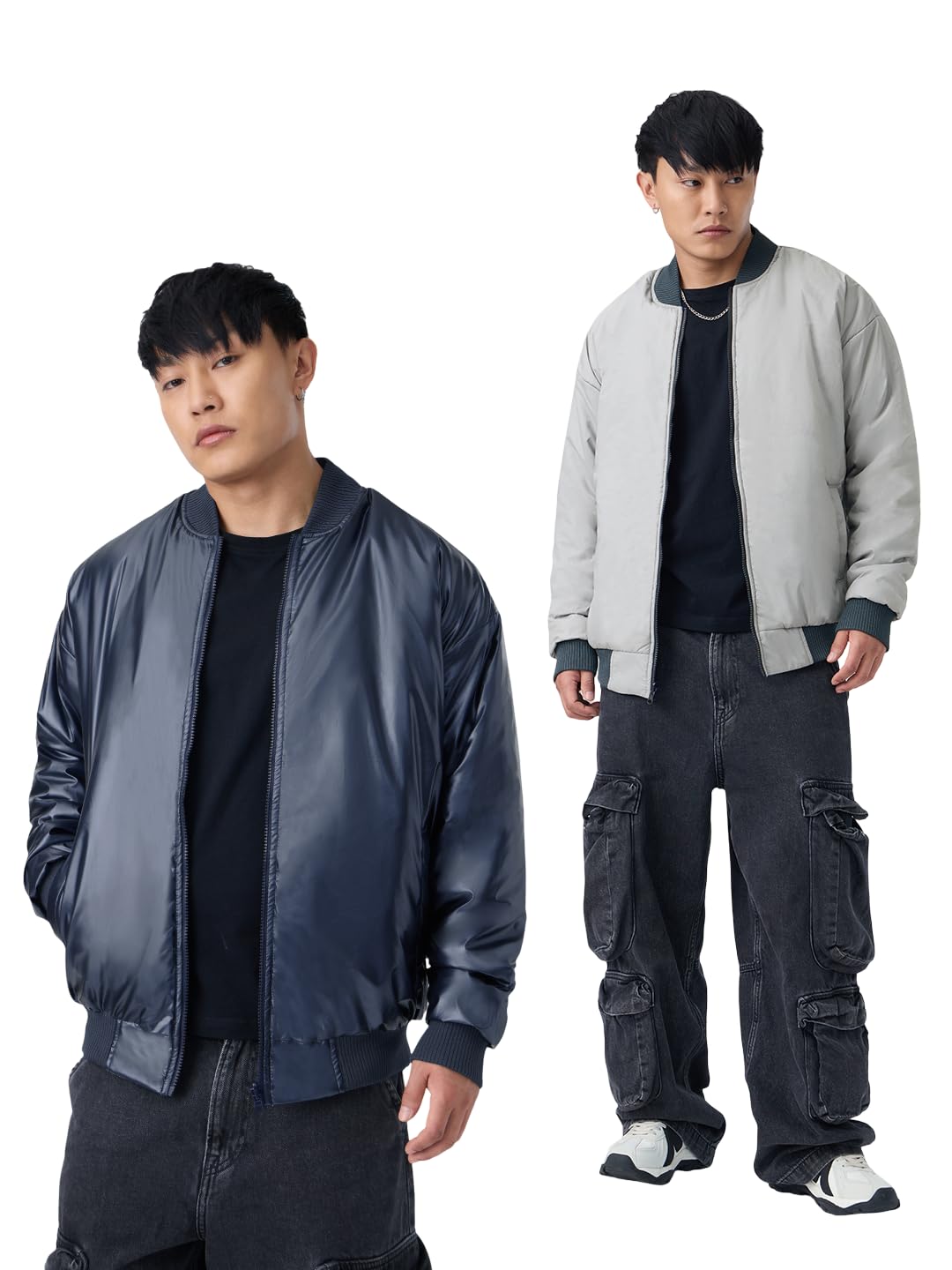 The Souled Store Orion Men and Boys Full Sleeves Band Collar Navy and Grey Solid Polyester Reversible Lightweight Everyday Oversized Fit Bomber Jacket in navy
