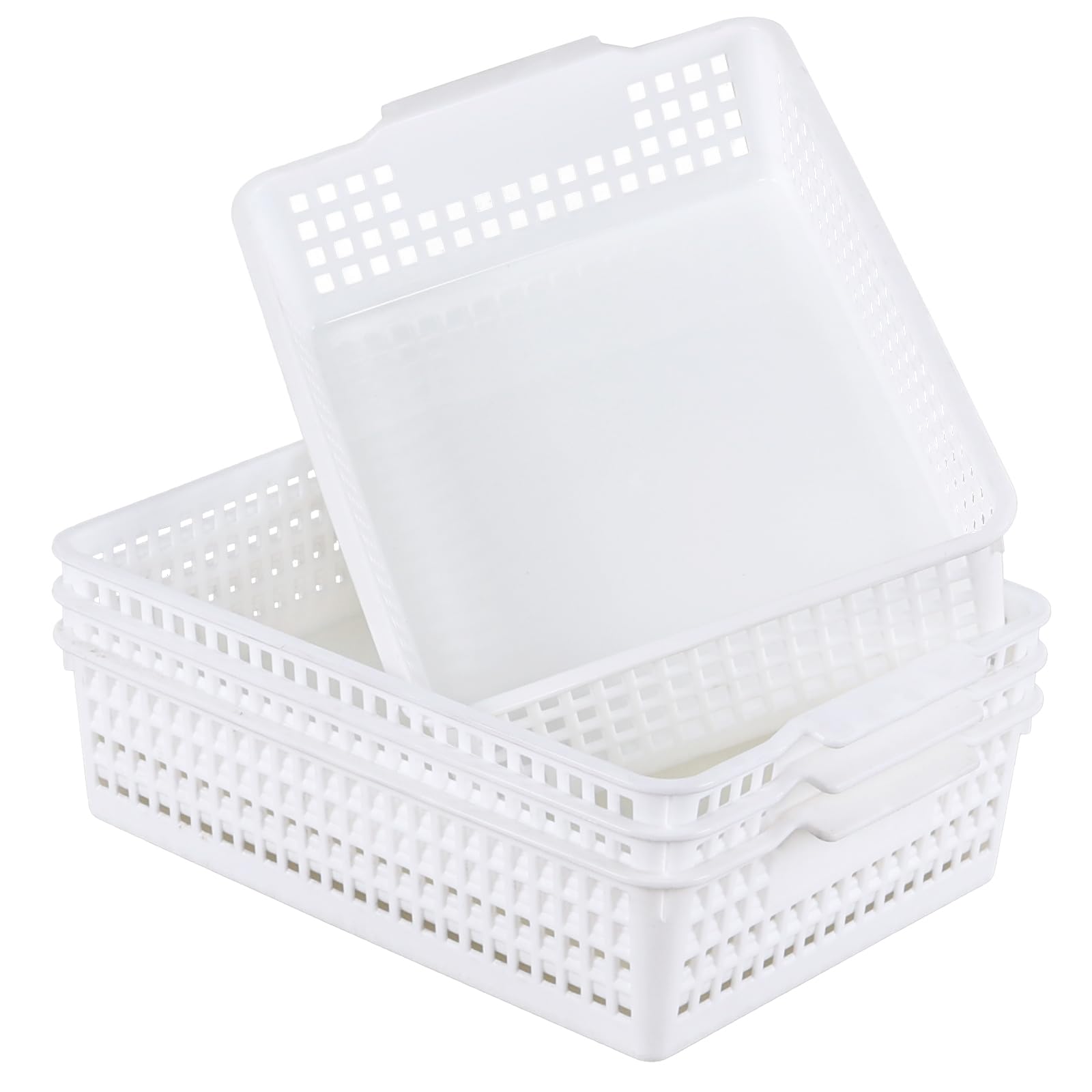 Ikando Rectangular A4 Desk Storage Basket Tray, Shallow Plastic Baskets for Home & Office Use 33.5x24.8x8.8 cm - Set of 4 (White)