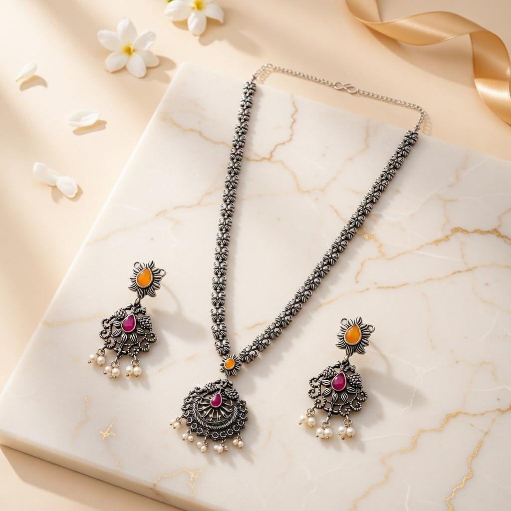 Efulgenz Oxidized Indian Jewelry Sets Long Pendant Choker Necklace Earrings Set Oxidized Antique Boho Crystal Faux Pearl Floral Necklace Dangle Earrings Bohemian Statement Jewelry Set for Women