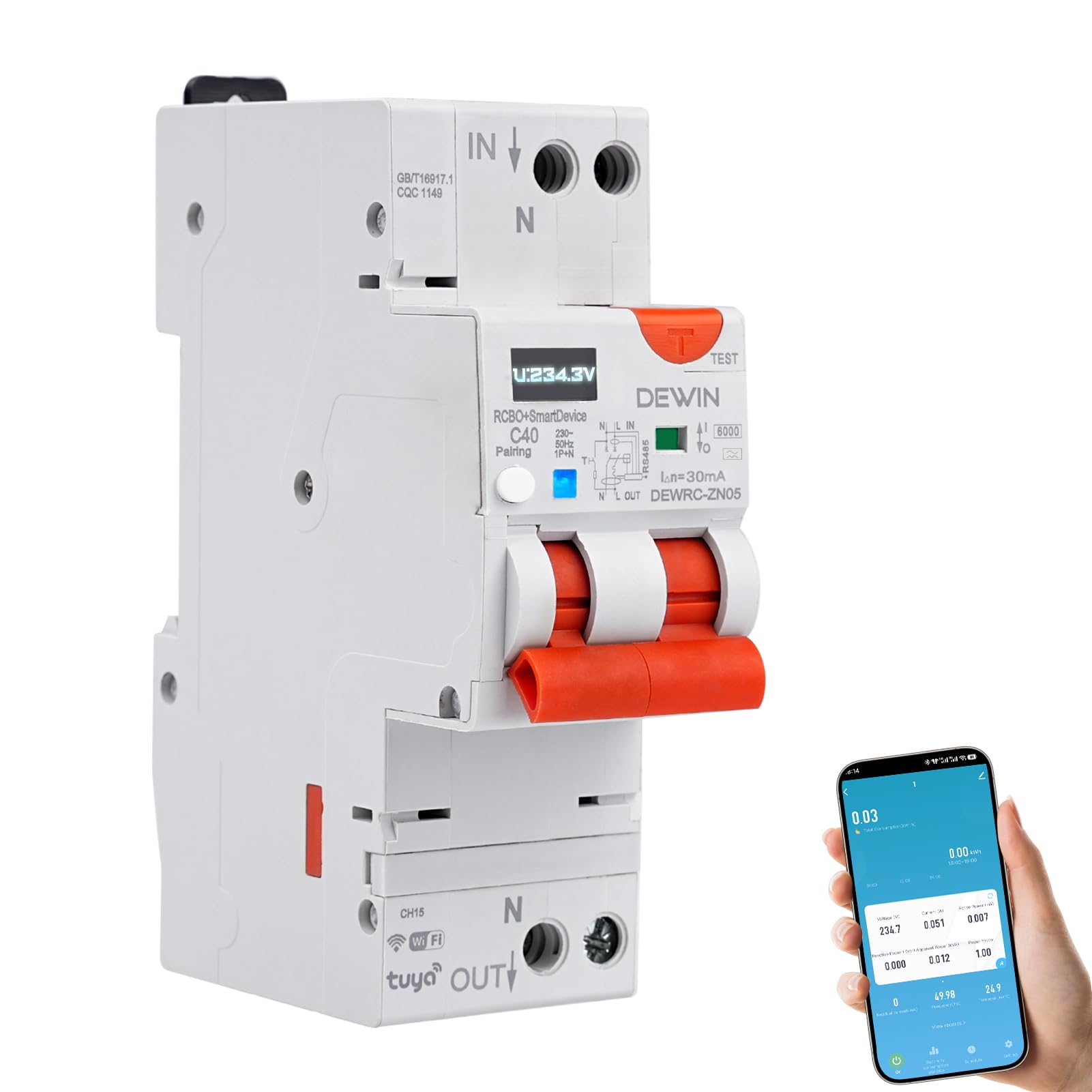 Interruptor Diferencial 30mA Tipo A, Interruptor de circuito Fi TUYA WiFi 1P+N 40 A, interruptor inteligente con reencendido automático y protección de corriente residual (DEWRC-ZN05)