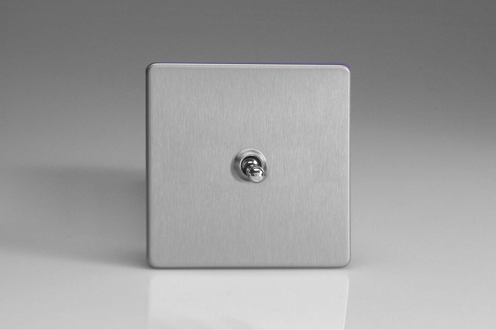 Varilight Single Toggle Light Switch 2-Way - Screwless Brushed Steel With Chrome Toggle, XDST1S, 86x86x36mm
