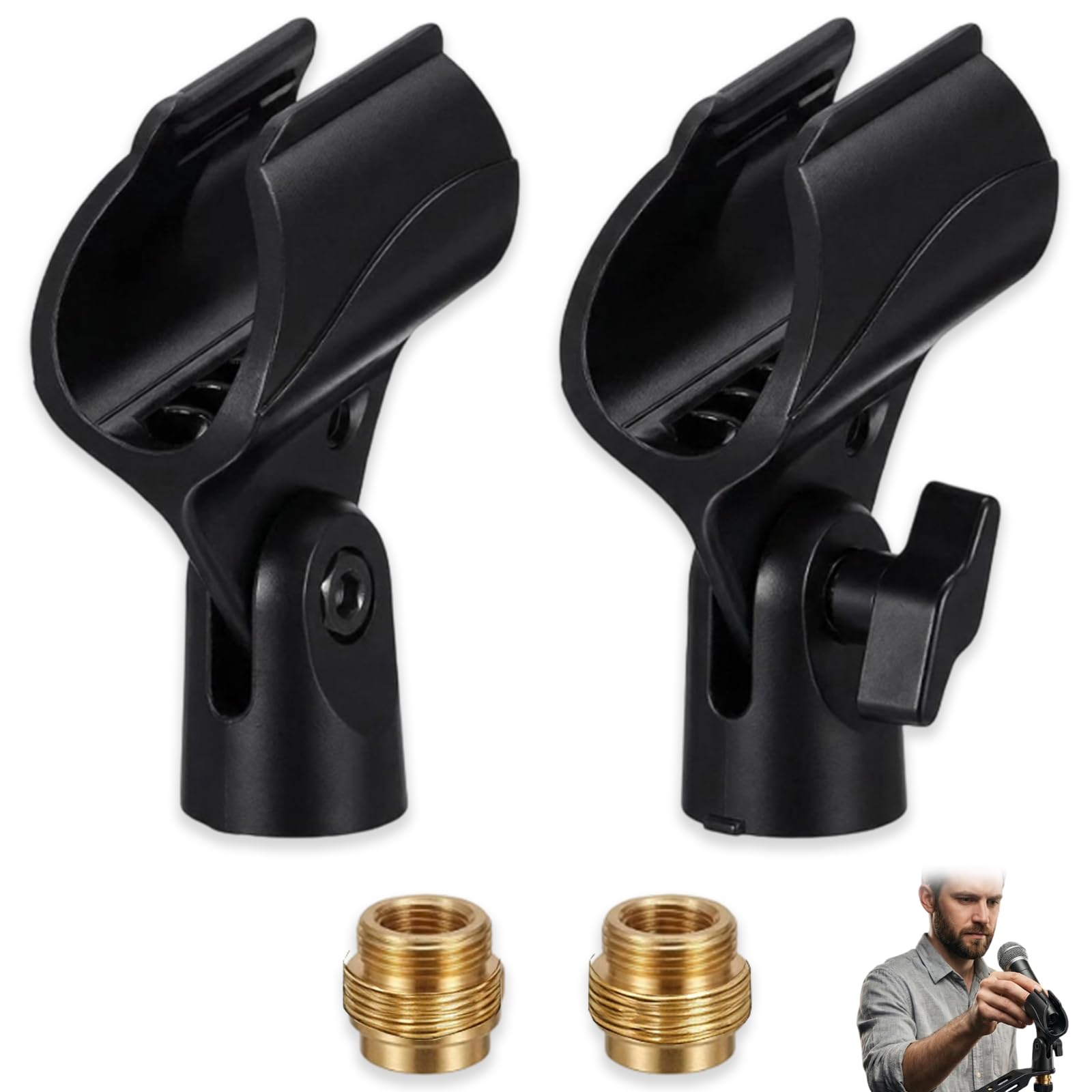 Lot de 2 Supports de Microphone Universel, Clip Réglable 180° Antidérapant avec Adaptateur 5/8" vers 3/8", Pince de Microphone en Plastique et Cuivre Noir pour Scène, Karaoké et Live