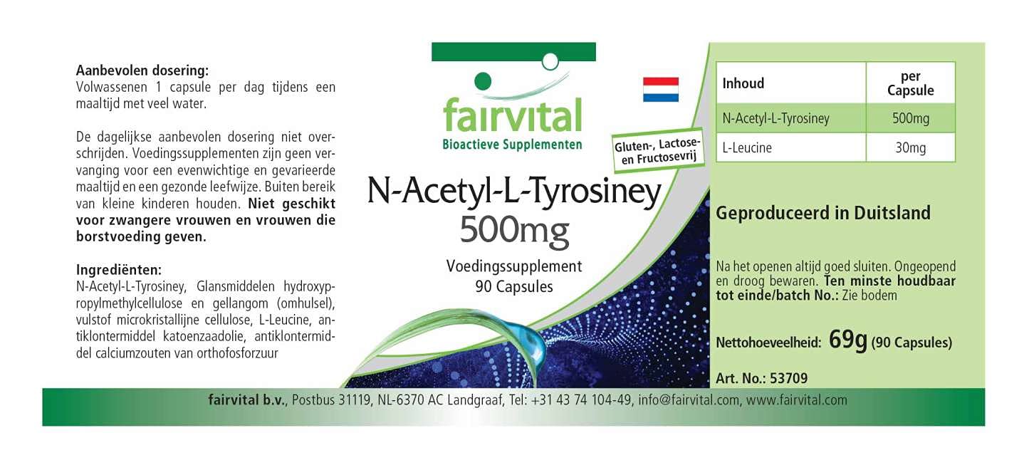 fairvital N-acetil-L-tirosina, 90 capsule NALT per 3 mesi, ad alto dosaggio, forma avanzata di L-tirosina