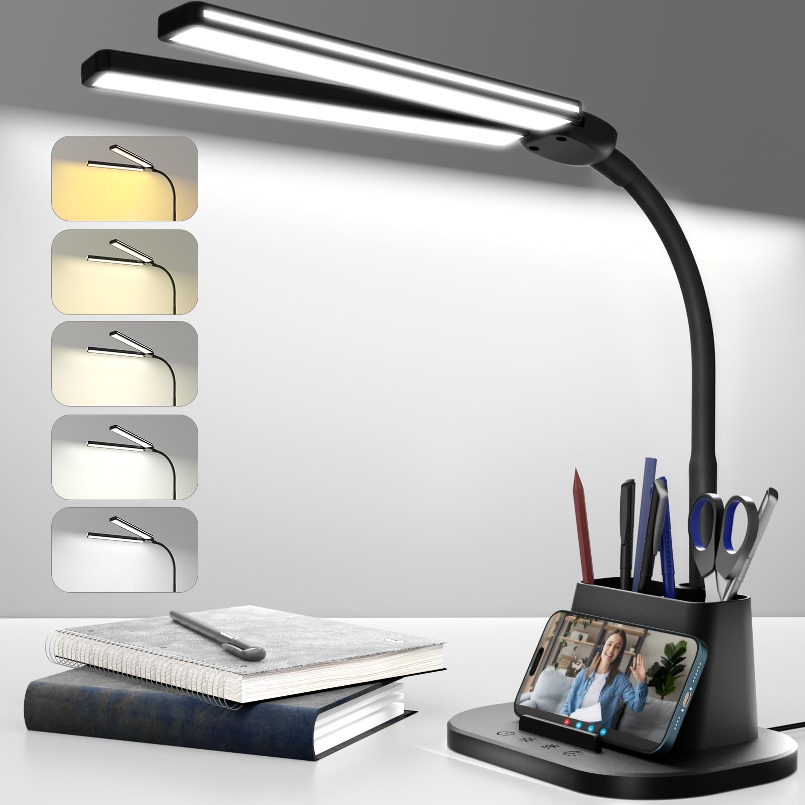 LED Desk Lamp, Eye-Caring Desk Light with Organized Base, 5 Color Modes & 5 Level Brightness, Adjustable Flexible Gooseneck Touch Lamp, Small Desk Lamp for Home Office, College Dorm Room Essentials