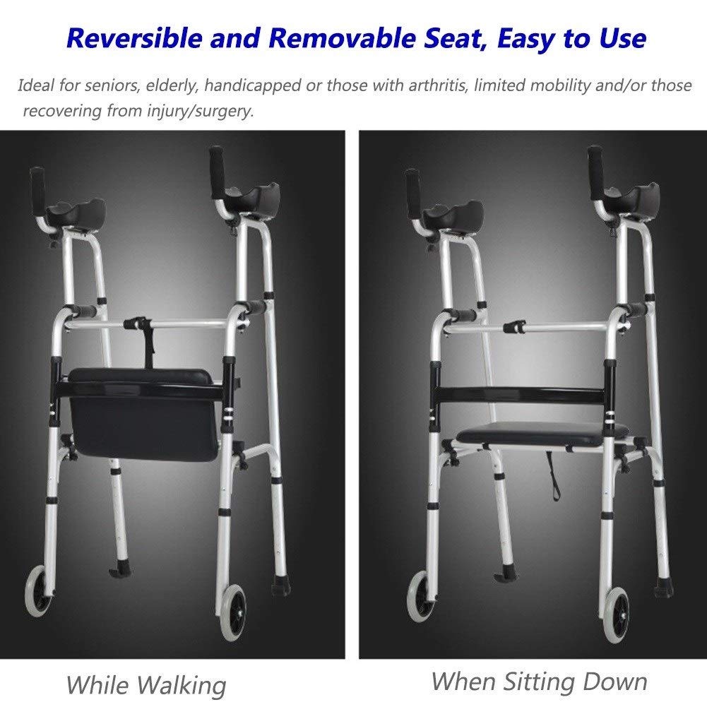 Andador con asiento, ruedas y almohadilla para reposabrazos, muleta de altura ajustable para personas mayores y discapacitados, ayuda de movilidad vertical