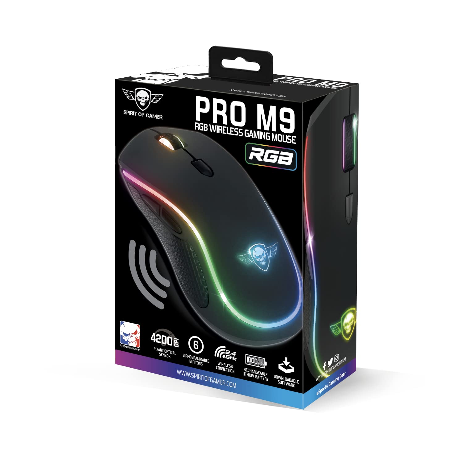 Spirit Of Gamer PRO M9, Mouse Wireless Gaming Simmetrico, 6 Pulsanti programmabili, Sensore ottico 4200 DPI, 6 Effetti di Retroilluminazione RGB Personalizzabili, Mouse Ergonomico Ricaricabile