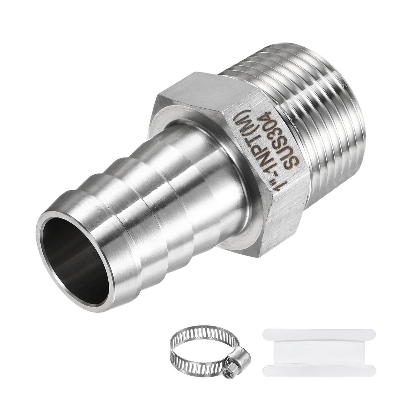 M METERXITY 1-Pack Garden Hose Adapter, 304 Stainless Steel 1" Barb x 1" NPT Male Threaded Connector with Sealing Tape & Clamp Garden Hose Convert Fitting for Pipe