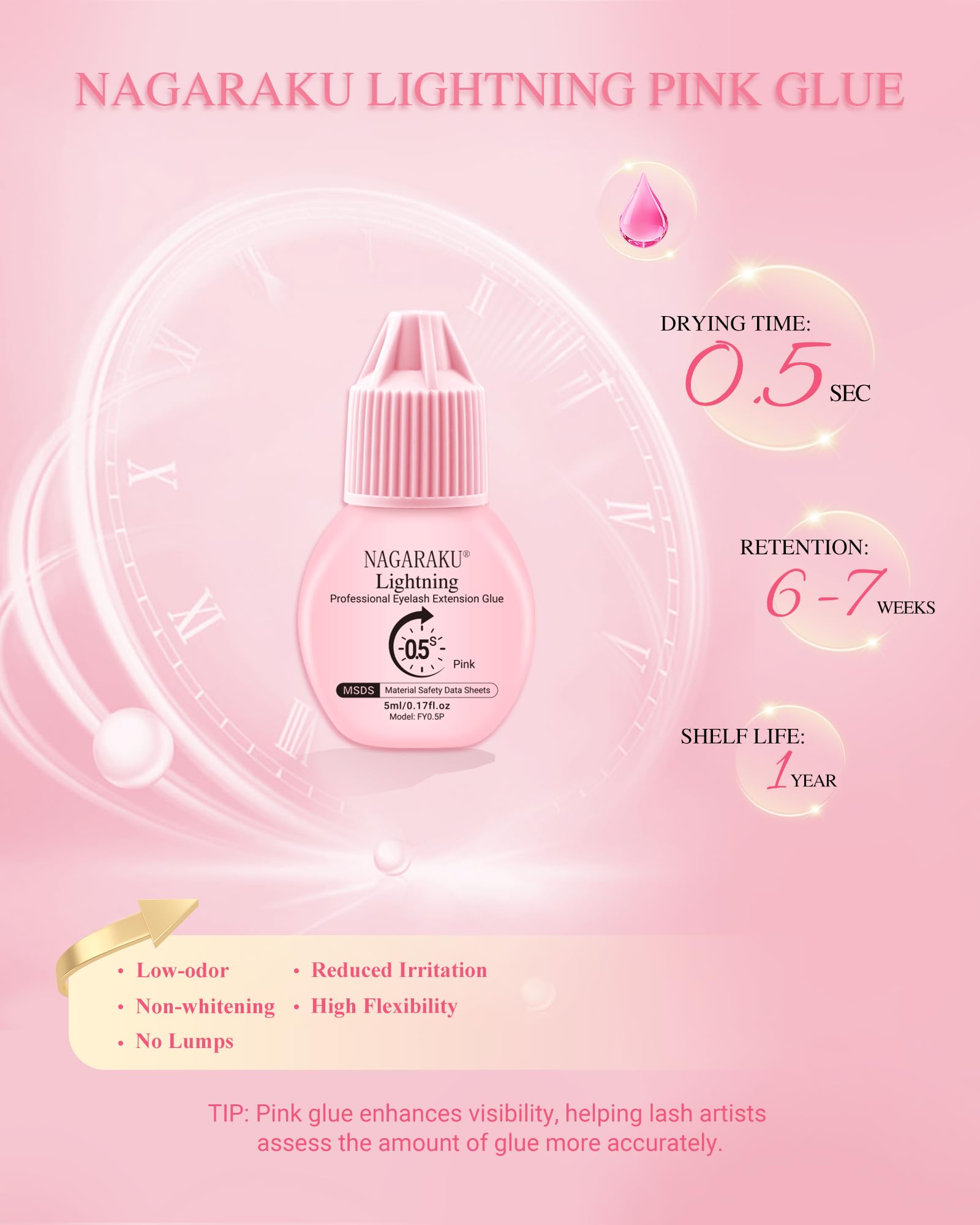 NAGARAKU Lightning Pink klej do rzęs 5 ml | 0,5 s bardzo szybkie schnięcie | utrzymuje się 6-7 tygodni | wysoka siła klejenia | trwałość 12 miesięcy | łatwy do usunięcia | nadaje się do jasnych lub