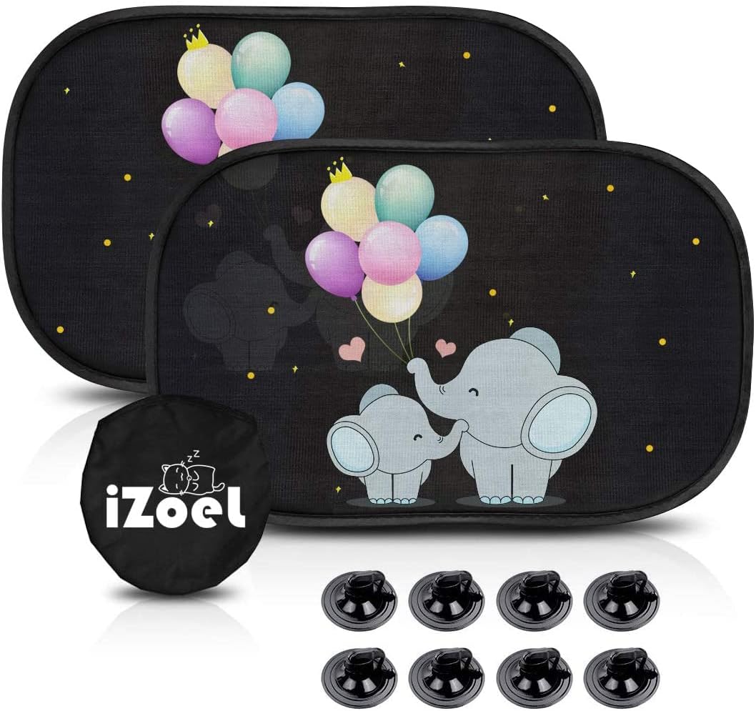 iZoeL Car Sun Shade for Baby Kids 2 Pack Static Cling Side Window Car 110GSM Rear Sunshades Universal with Storage Bag - Sun Glare and UV Rays Protection for Your Child (Elephant)