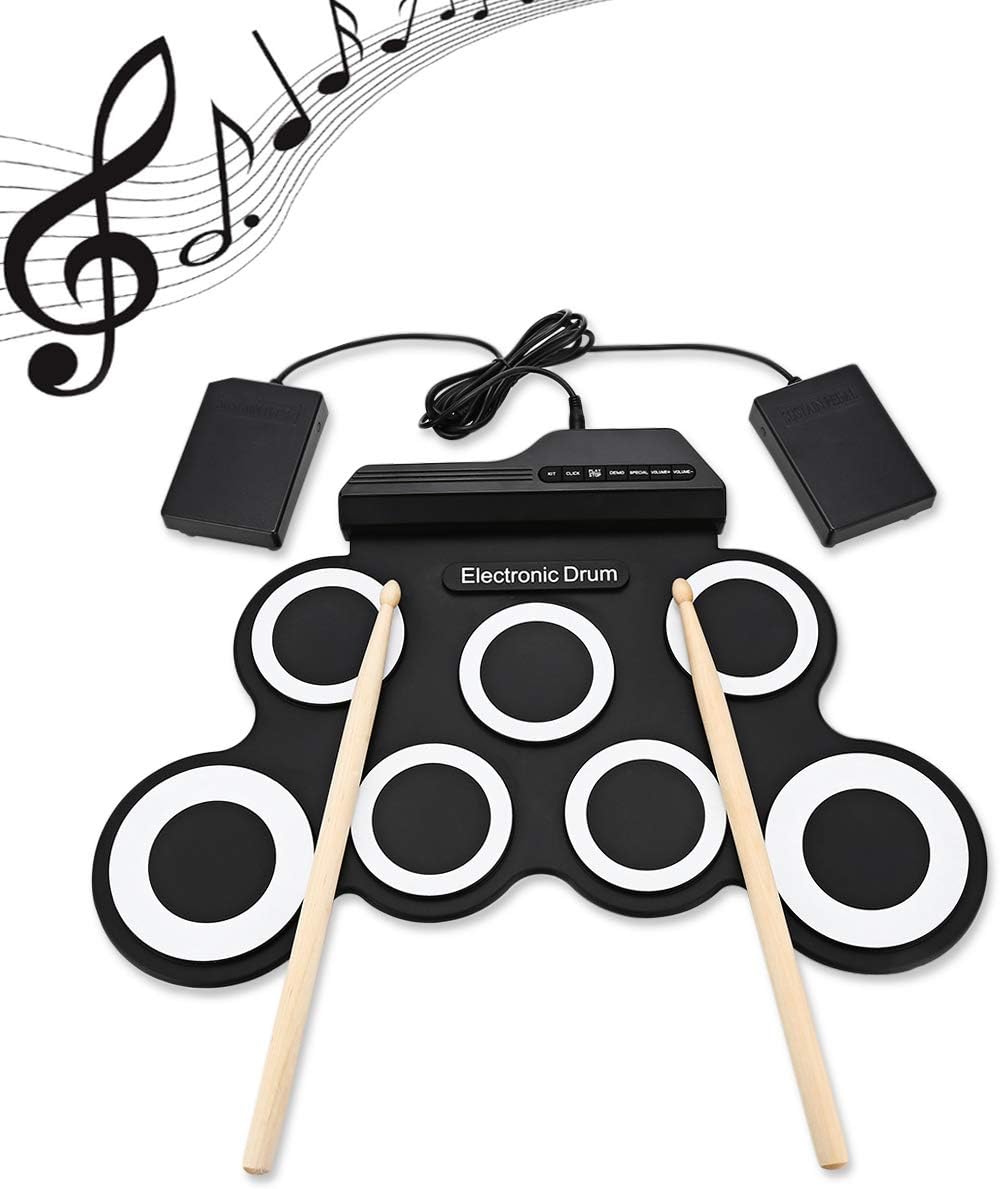 Cynthiasen Portable Electronic Roll-Up Drum 7 Pad Foldable Digital Drum Kit Silicon Practice Pad MIDI Drum Kit with Built-in Metronome for Beginners and Children (Black 2)