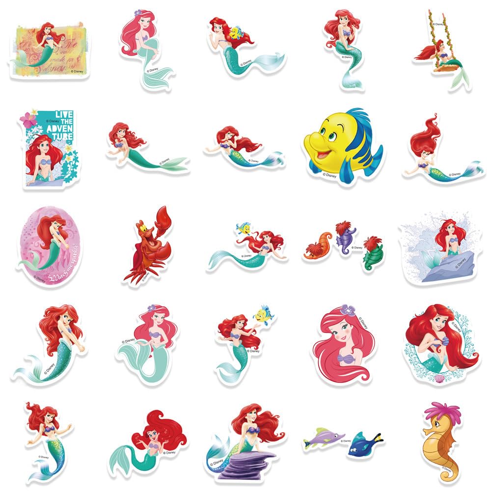 50Pcs Cartoon The Little Mermaid Sticker, Cute Waterproof Vinyl Disney Stickers for Water Bottles Tumbler Luggage Skateboard Bumper Scrapbook Mug, Sticker Gift for Kids Teens Adults
