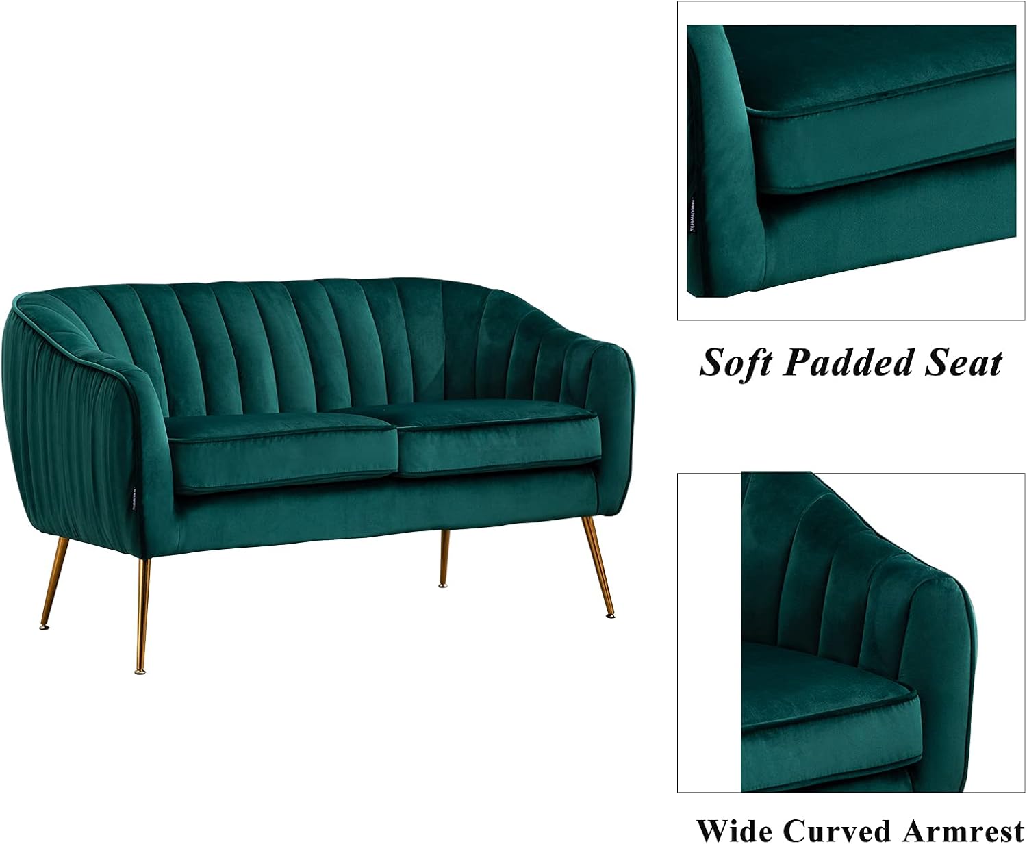 Artechworks Contemporary Tufted Velvet Tub Barrel Loveseat Sofa Upholstered Couch Chair with Golden Metal Legs Club Two-Seat Sofa for Living Reading Room Bedroom Apartment Small Space Dorm, Green
