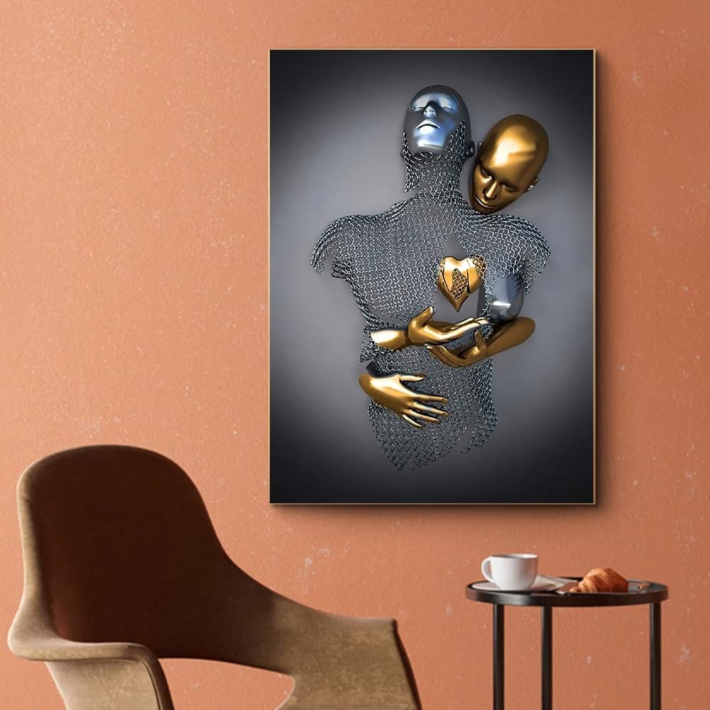 chongjian Liebe Herz 3D Grau Leinwand Wandkunst Moderne Gemälde 3d Abstrakt Umarmung Wanddekoration Schwarz und Weiß Metallfigur Skulptur Effekt Bild Wohnzimmer Dekoration (Gold Mit Rahmen, 16x24in)