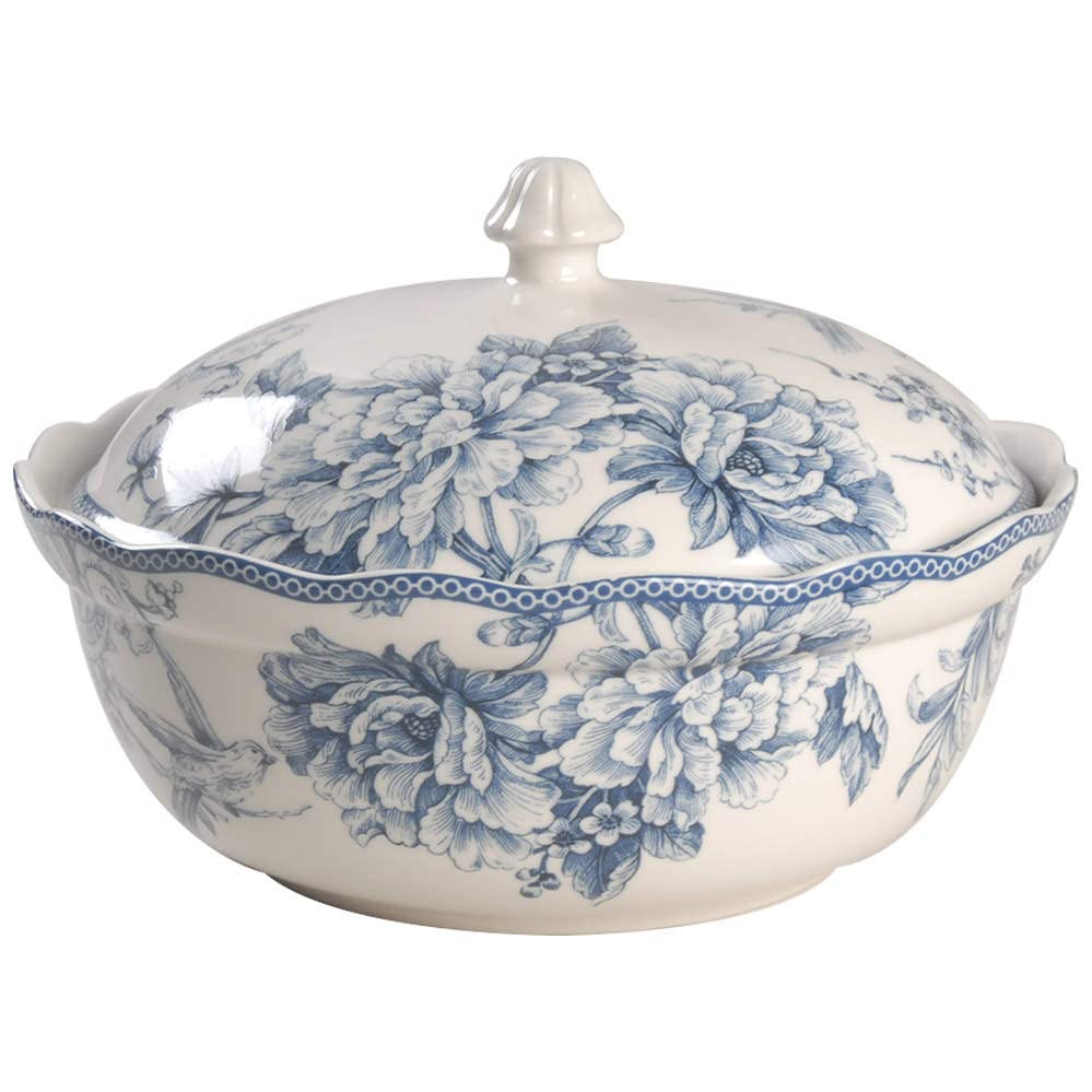 222 Fifth Adelaide Blue and White Round Covered Vegetable Bowl