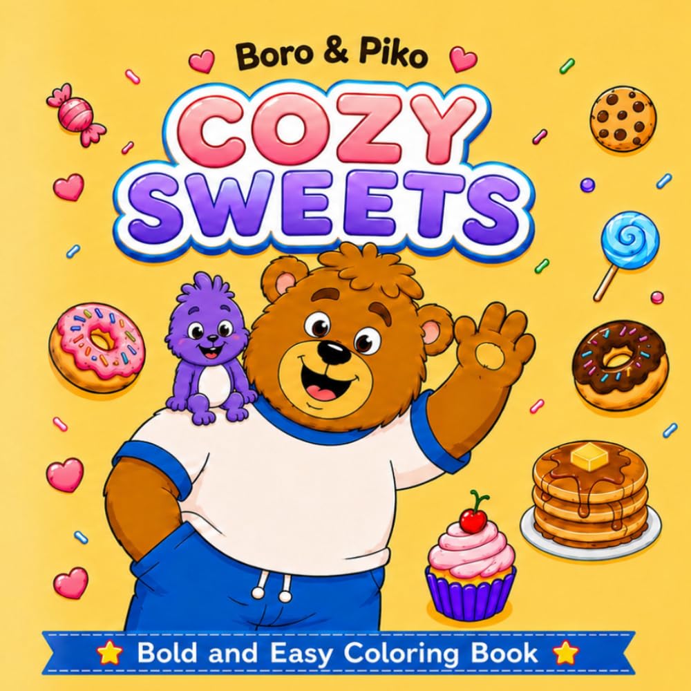 Boro & Piko: Cozy Sweets: Bold and Easy Coloring Book for Adults and Kids: Cute Bears, Sweet Treats, and Simple Coloring Pages