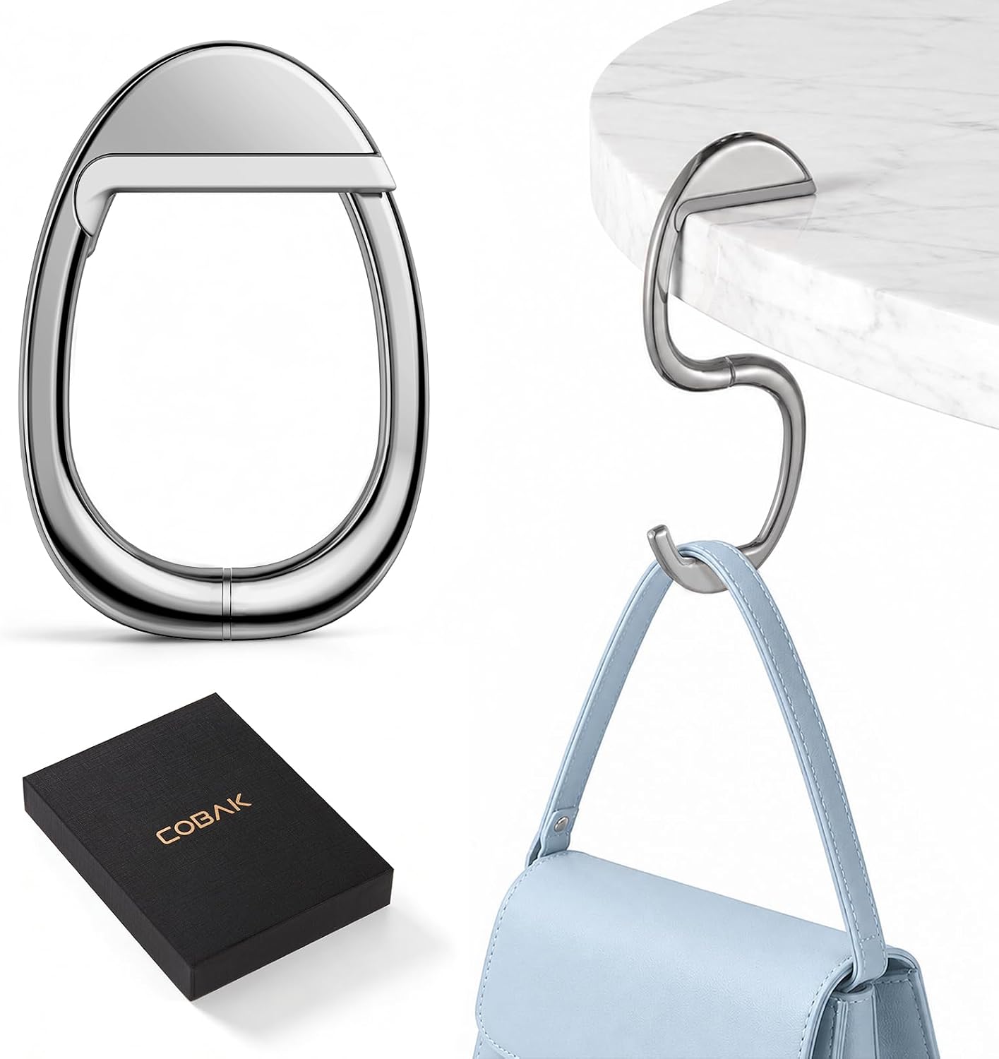 CoBak Portable Purse Hanger for Table - Newly Redesigned Magnetic Bag Hook, Deceptively Strong Handbag Holder Holds up to 40 lbs, Compact Travel & Dining Essential, Luxury Gift Box Included (Silver)