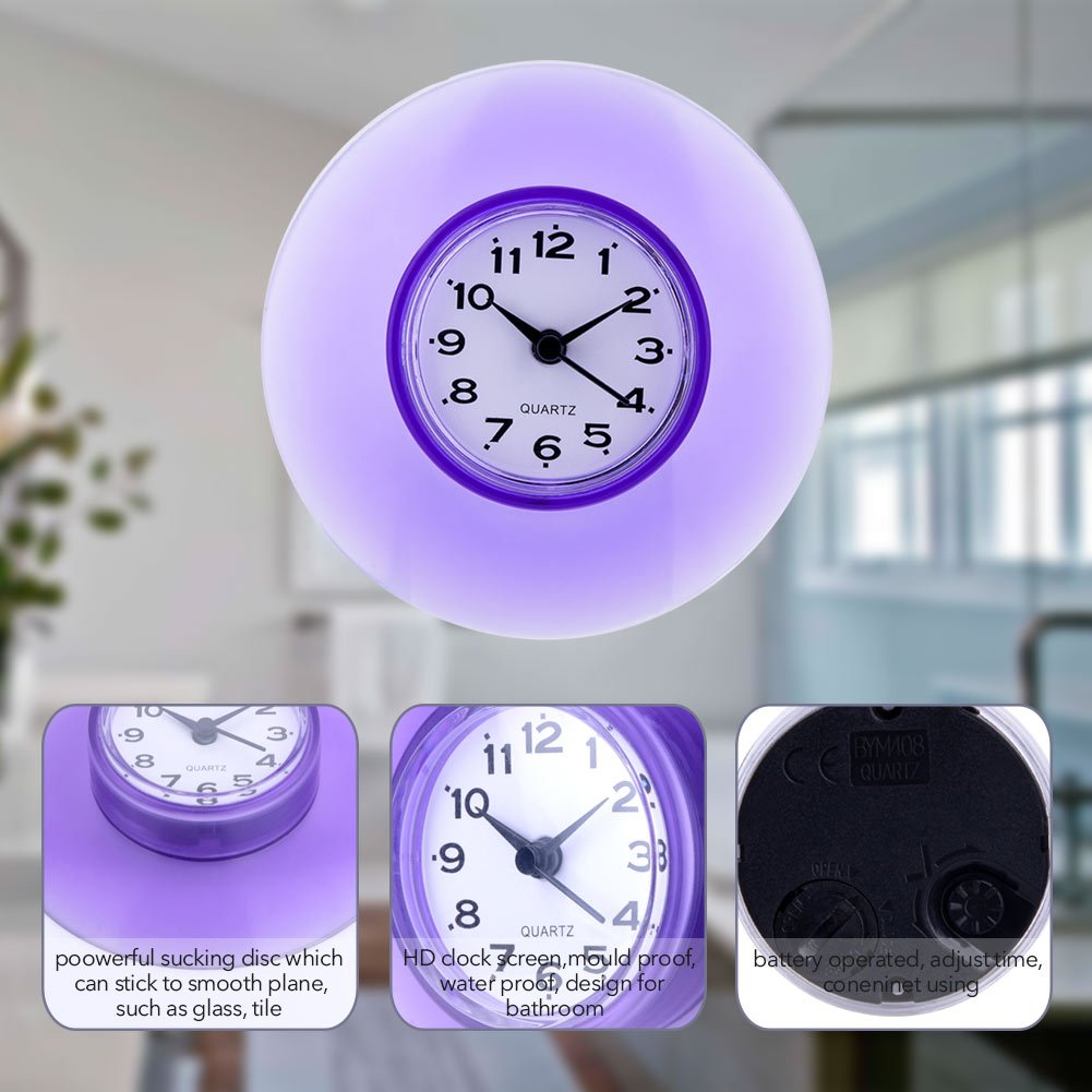 Oumefar Mini Reloj de Pared Reloj Impermeable con Ventosa Grande para baño Show Time(Purple)