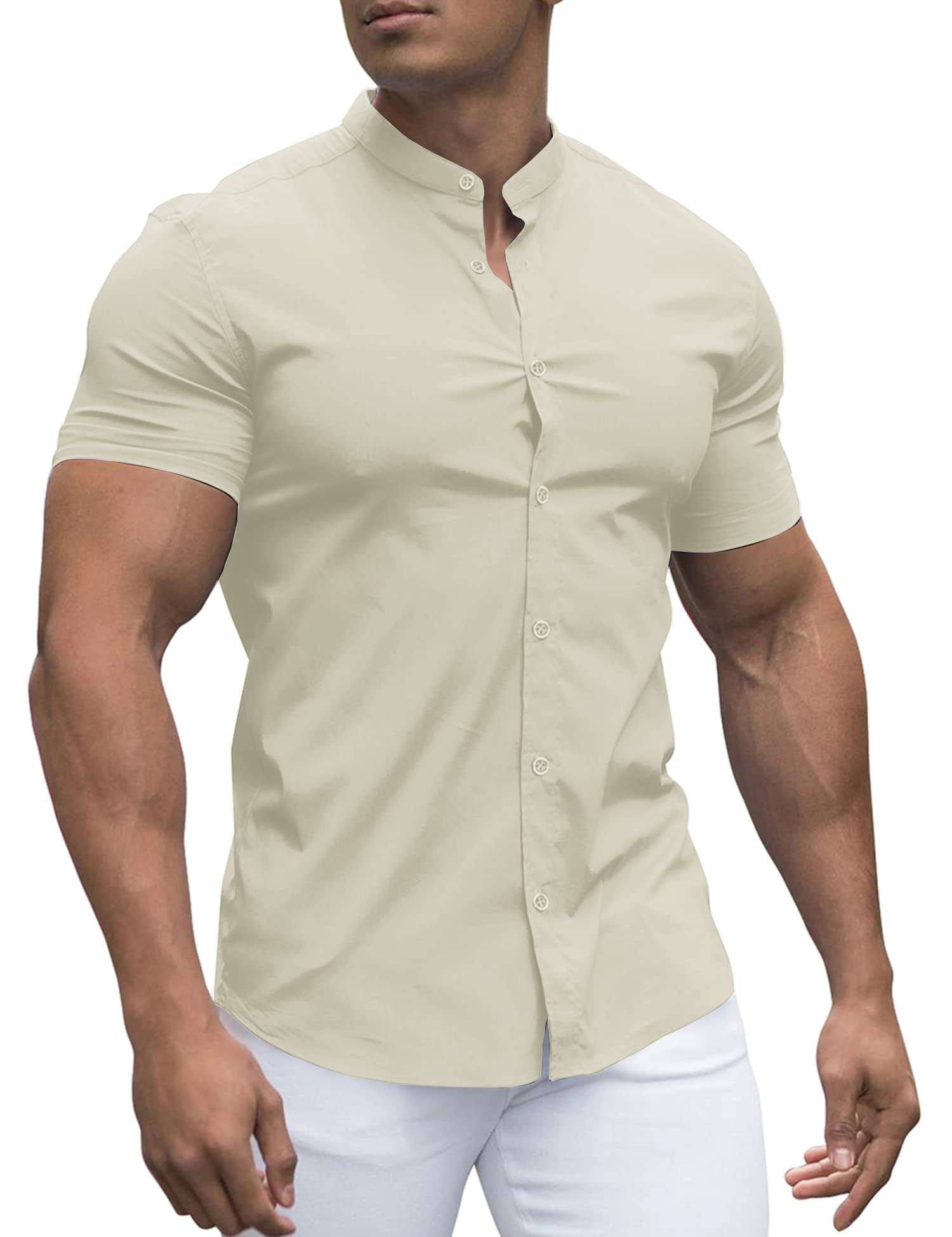 URRU Herren Muskel Hemd Regular Fit Stretch Stehkragen Kurzarm Casual Button Down Hemden Helles Khaki L