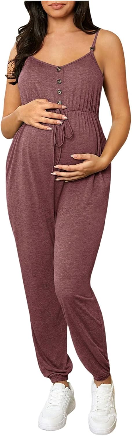 OYOANGLE Women's Maternity Nursing Jumpsuits Button Front V Neck Long Pants Romper