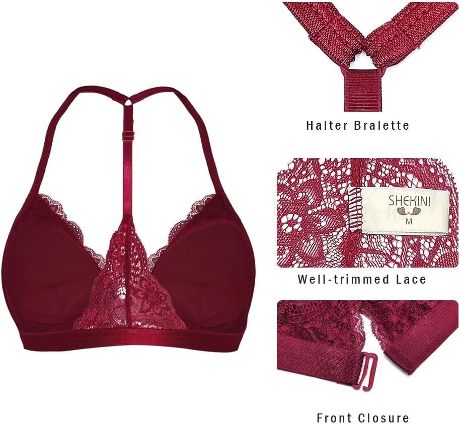 SHEKINI Women's Embroidered Triangle Bra Front Closure Plunge Wireless Lightly Lined Lace Bralette Top - Image 5