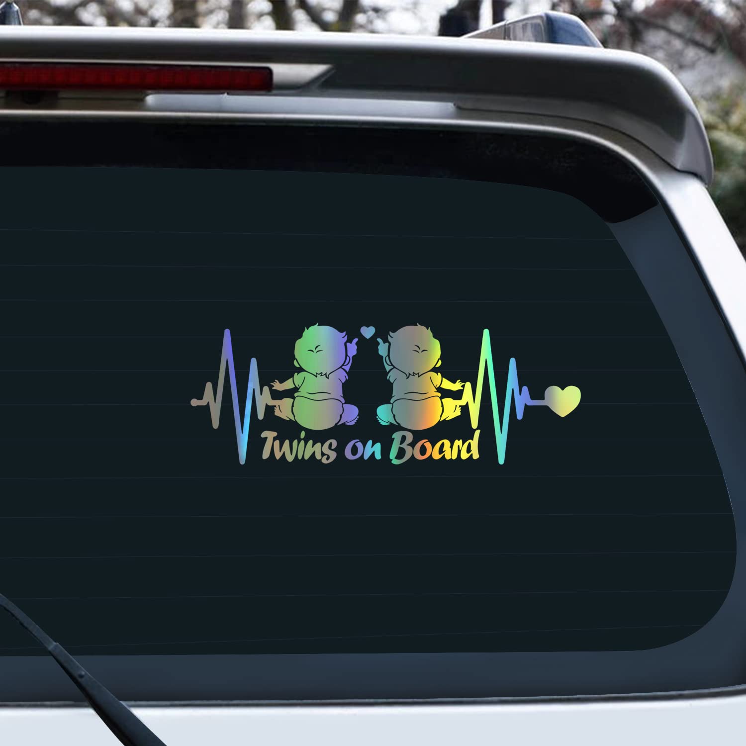 Iprokiu 2pcs Heartbeat Twins on Board Car Sticker Baby on Board Car Window Bumper Decal Waterproof Vinyl Car Sticker Safety Warning Decal Kids on Board Car Sticker (Dazzle Color)