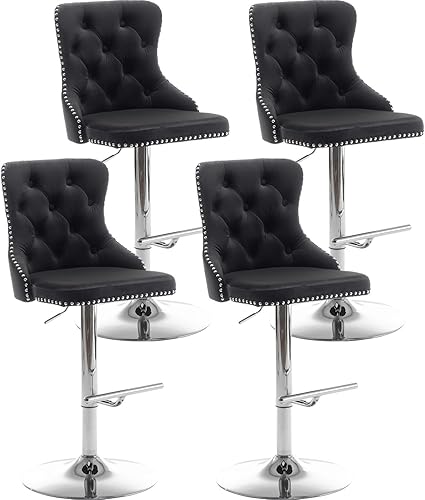 Miniatura 8 de Riknuxi Juego de 2 taburetes de bar de terciopelo, taburetes de bar de altura de mostrador con borde de botón y cabezas de clavos, taburetes de bar