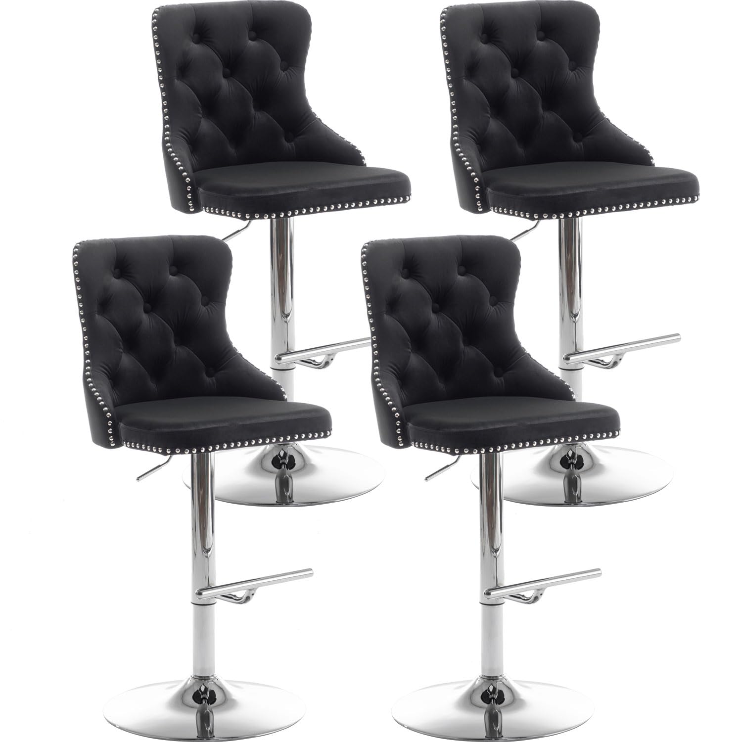 Riknuxi Velvet Bar Stools Set of 4, Counter Height Bar Stools with Button & Nailheads Trim, Swivel Barstools for Kitchen Island, Pub (Black)
