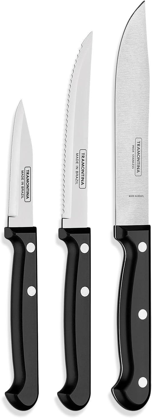 TRAMONTINA Ultracorte Set of 3 Knives | Stainless Steel Knife| Vegetable | Fruit | Kitchen | Antimicrobial | Polypropylene Handle | 5 Year Warranty