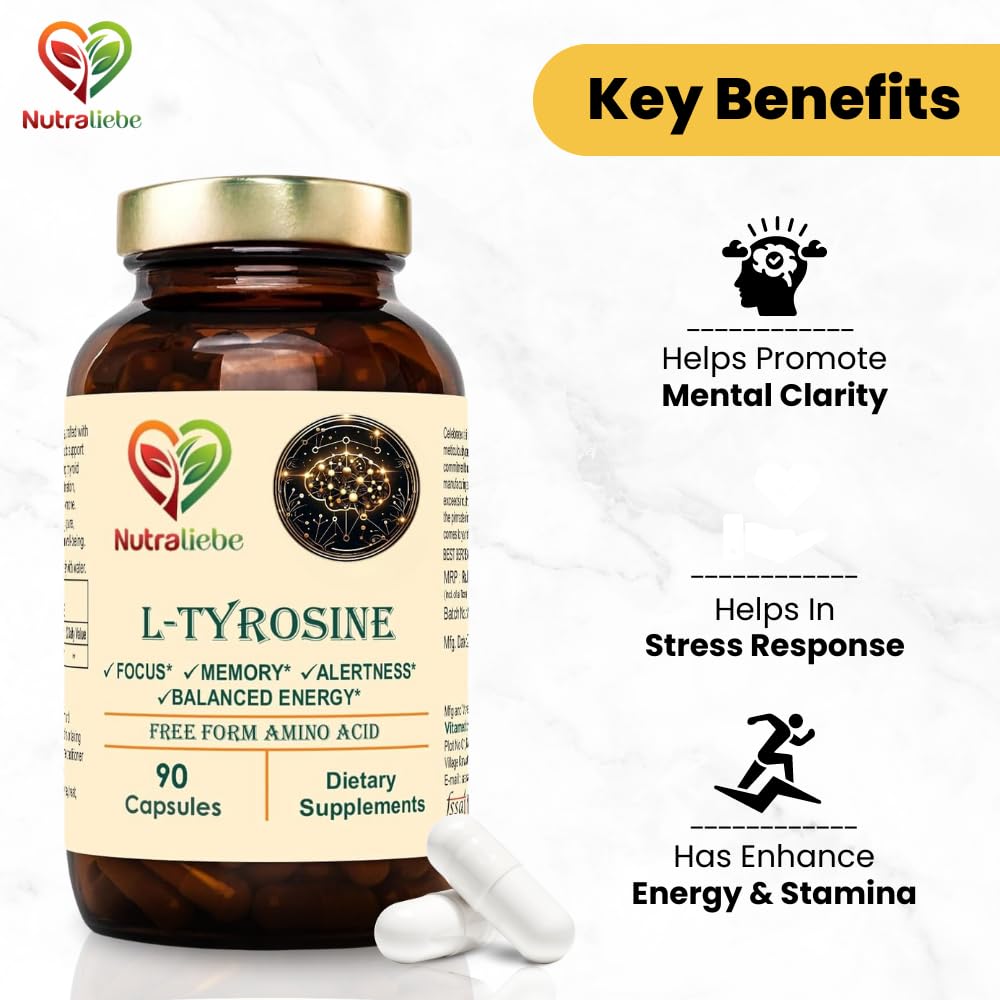 NutraLiebe L-Tyrosine 500mg - Free Form Amino Acid, Non-GMO, 90 Capsules - Image 3 thumbnail