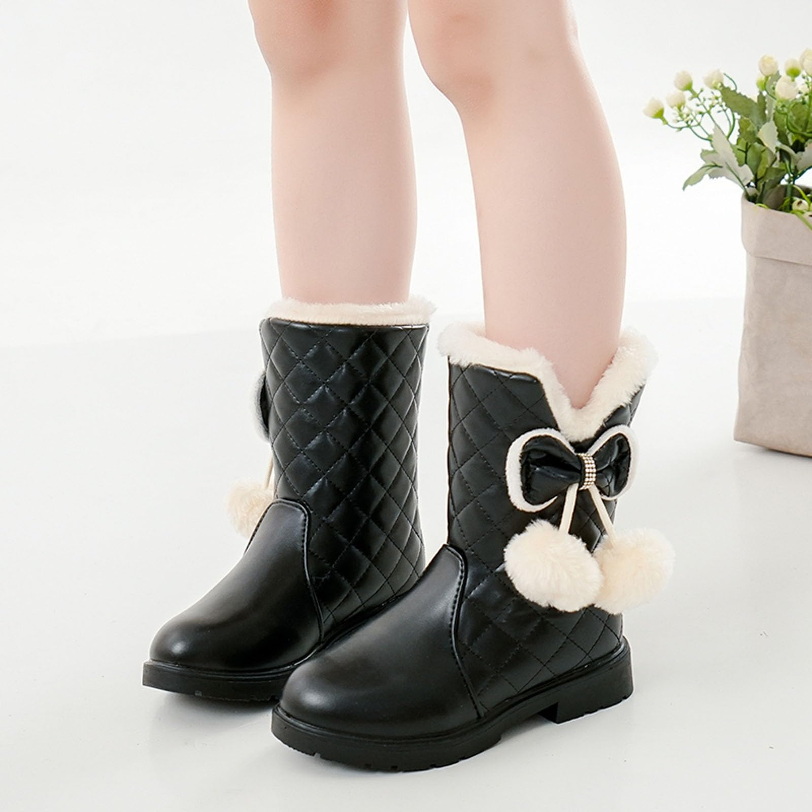 Botas niños fácil Poner Botas de Nieve de otoño e Invierno para niñas, Gruesa, Antideslizantes, cálidas, cómodas, Botas con de Color (Black, 28.5 Little Child)