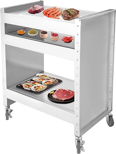 Miniatura 5 de Carrito de parrilla de 3 niveles, carrito de parrilla de acero inoxidable con ruedas, mesa de cocina al aire libre, mesa para horno de pizza con