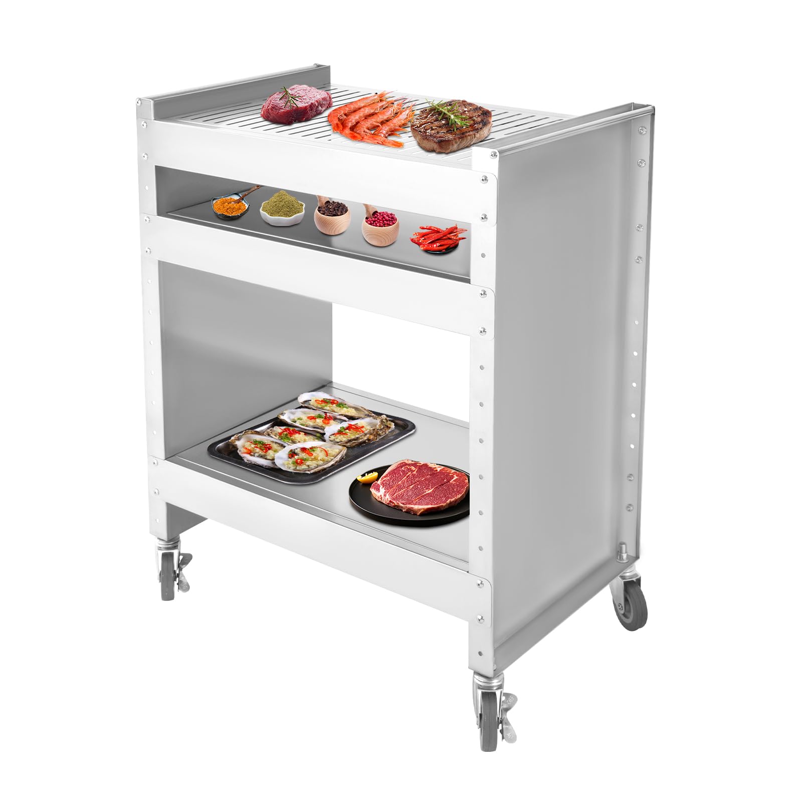 3-poziomowy grill na kółkach ze stali nierdzewnej, wózek kuchenny z kółkami i regulowaną półką, metalowy grill stojący, na kemping, piknik