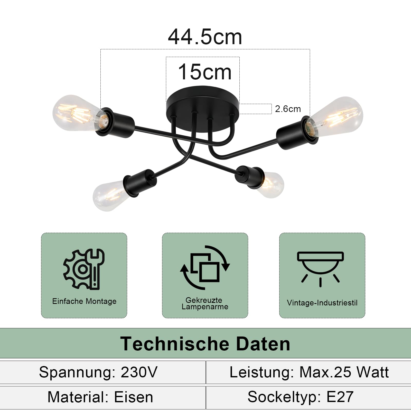 CBJKTX plafondlamp zwart plafondlamp vintage - E27 keukenlamp 4-lichts