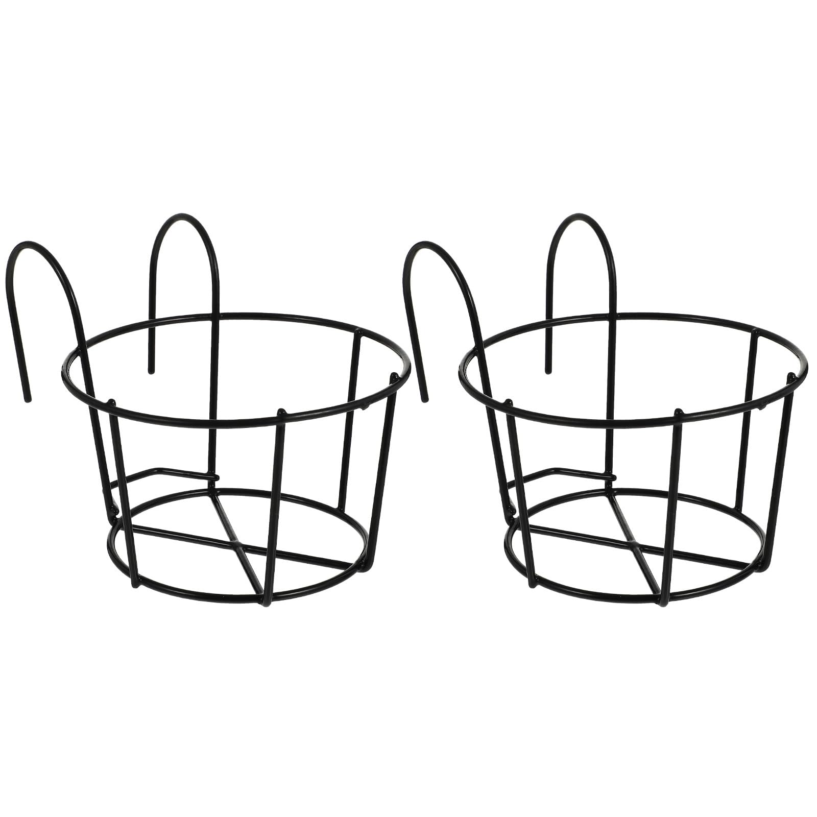 DOITOOL 2 Pack Round Metal Hanging Railing Planters, Wire Pot Holder Plants Hangers Black Potted Stand Iron Rack Balcony Planter Basket for Outdoor Balcony Fence, Size S