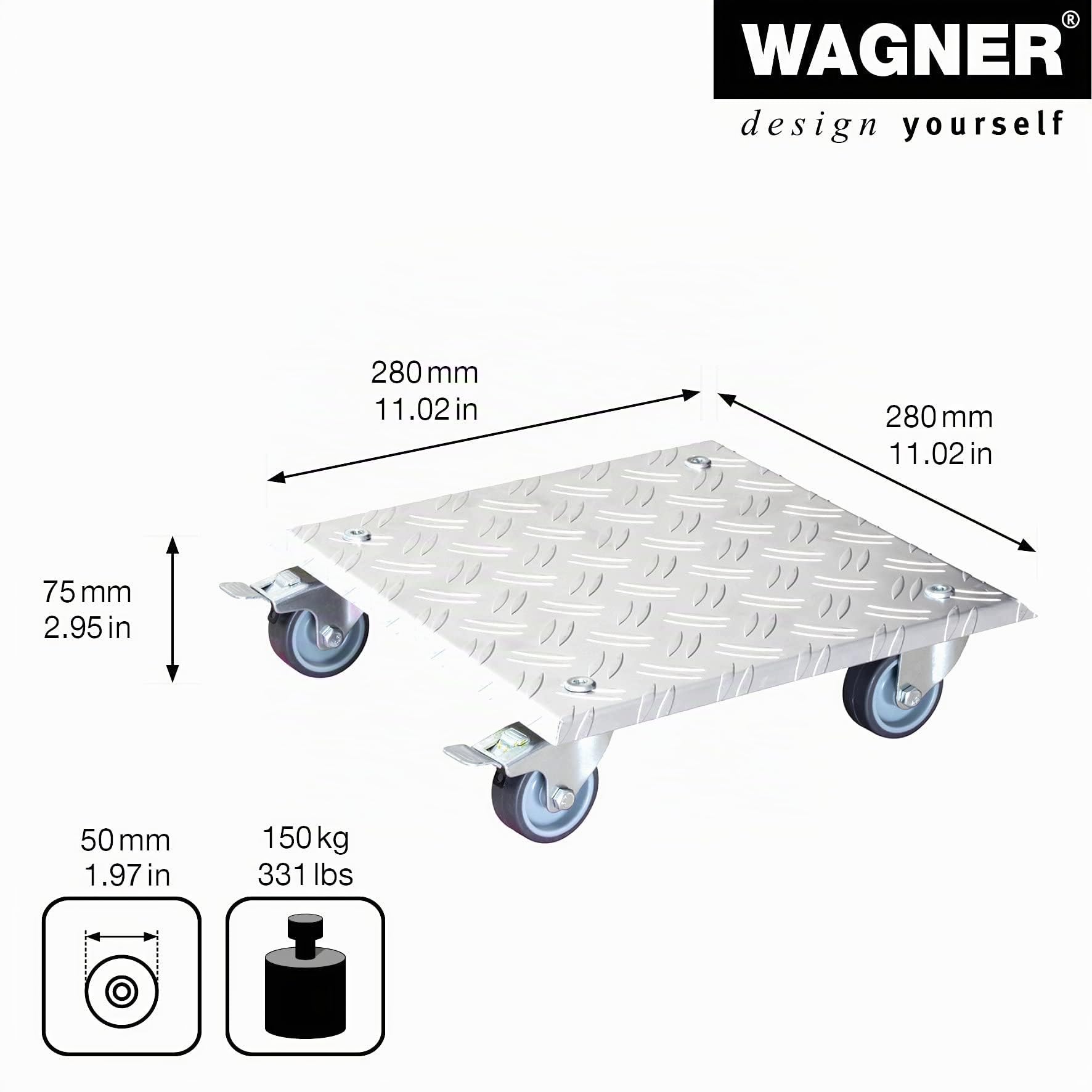 WAGNER Pflanzenroller Alaska 28 x 28 x 7,5 cm I Blumenroller für Außenbereich + Innenbereich I Kübelroller aus Aluminium Riffelblech I 2 Total-Feststeller I Tragkraft 100 kg I Made in DE- 20700401