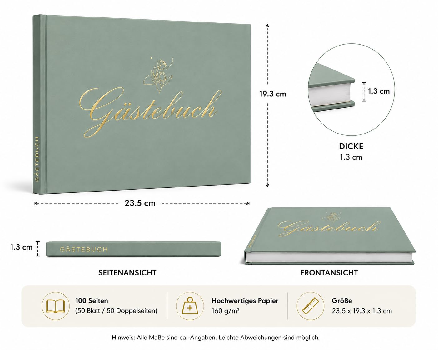 Gästebuch Hochzeit, Gästebuch für Erinnerungen, 100 Blanko Seiten, Hochwertiges Hardcover Hochzeitsbuch Gästebücher, Edle Gold Prägung, 19x24 cm Hochzeitsalbum Hochzeitsgästebuch (Grün)