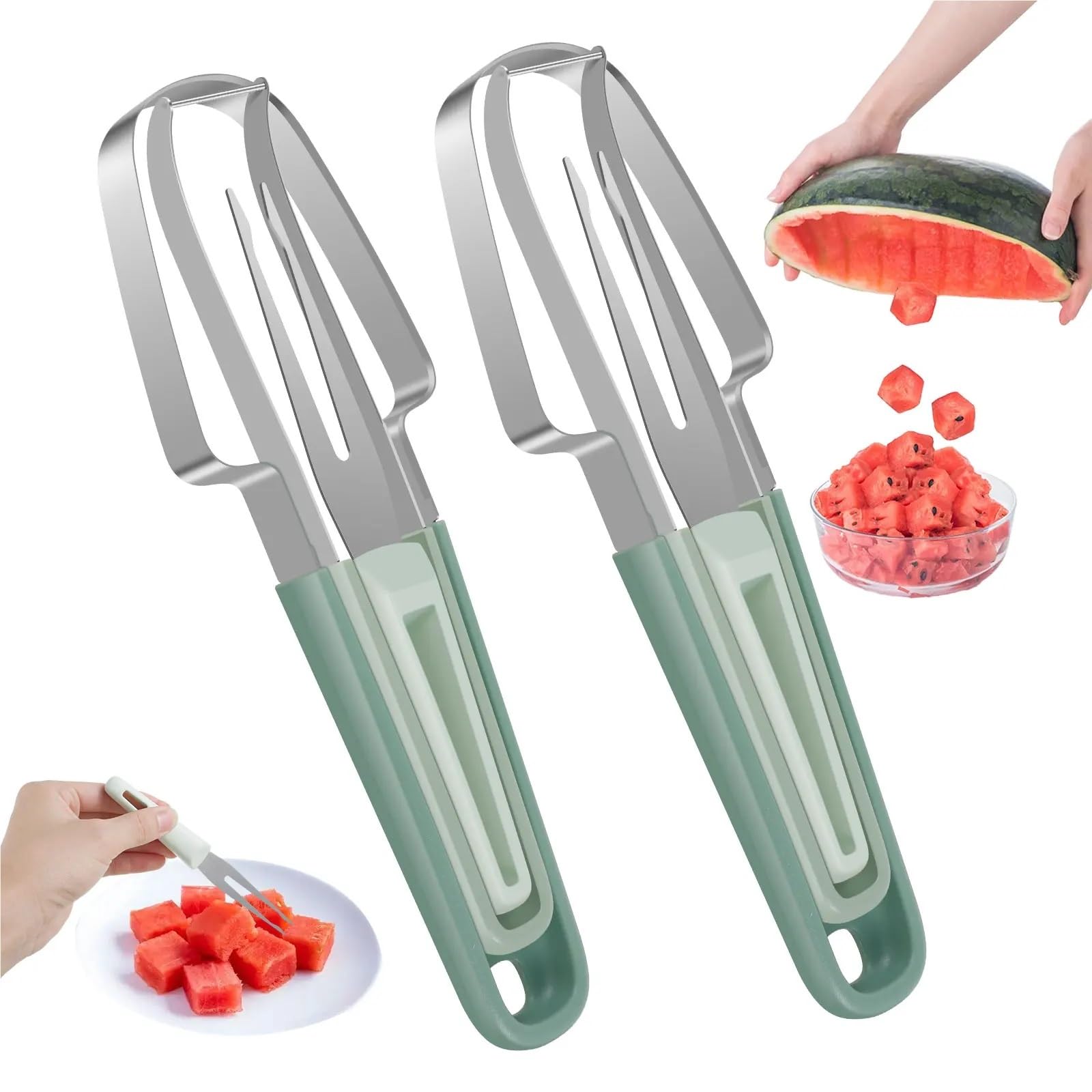 Missffcat 2pcs 3-in-1 Stainless Steel Watermelon Slicer Cutter with Fork and Scooper - Portable Watermelon Tool for Family Use(Green)