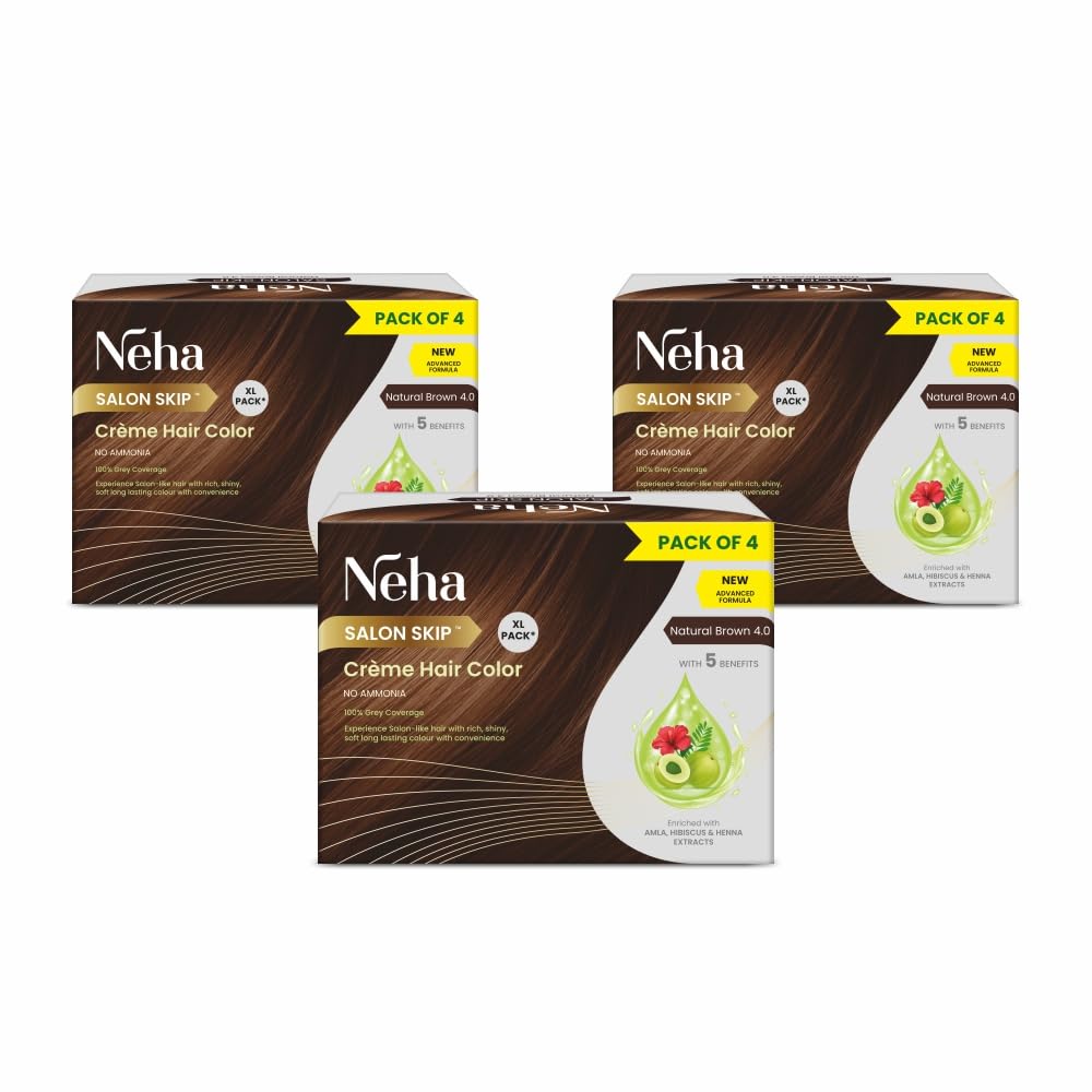 Neha Salon Skip Crème Hair Colour, Pack of 4, 20g+20ml Each Sachet (Buy 2 Get 1 Free), Net Wt 480 gms (Natural Brown)-image-37