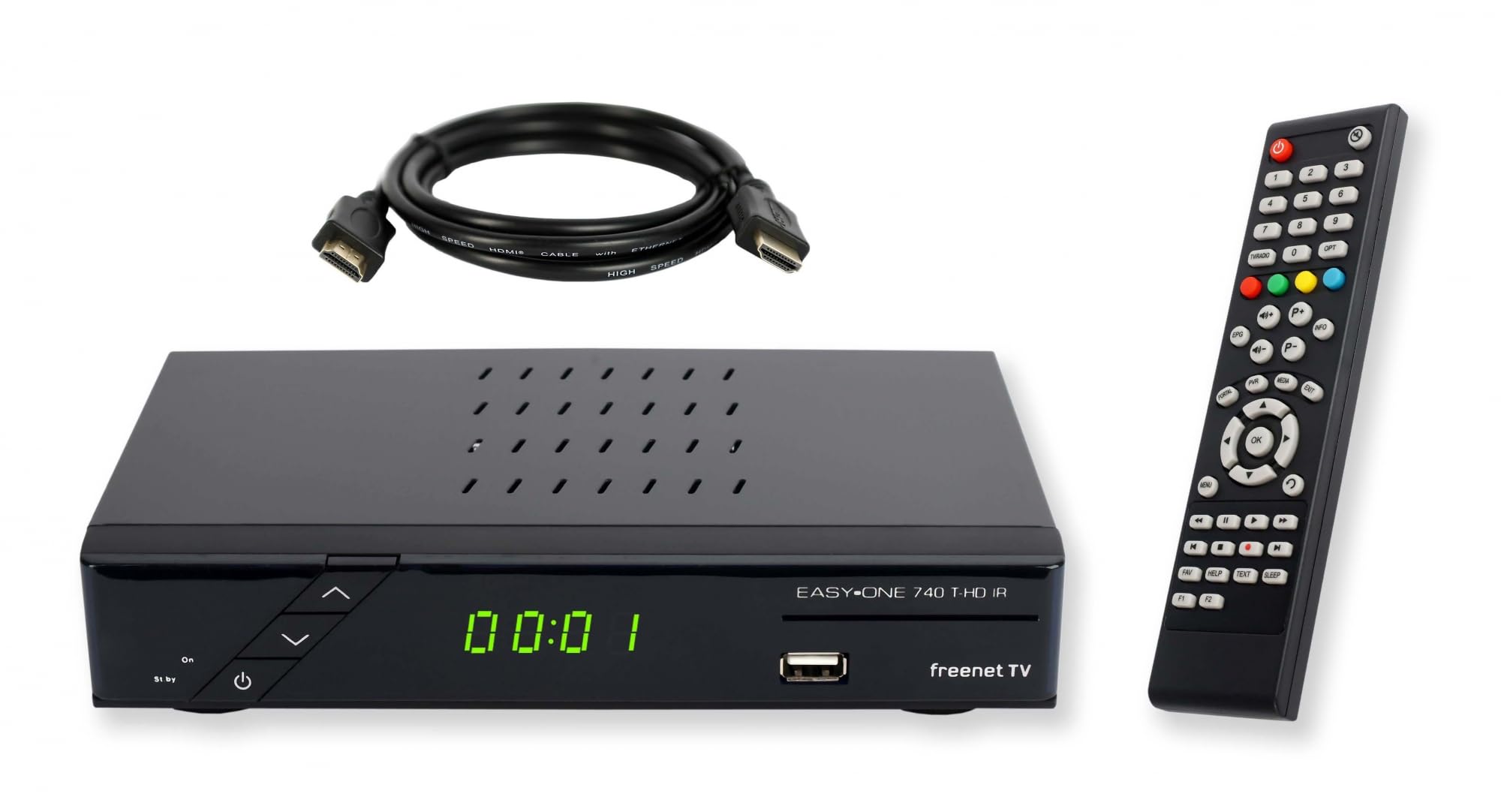 SET-ONE EasyOne 740 HD DVB-T2 Receiver, Freenet TV (Private Sender in HD), Full-HD 1080p, HDMI, USB 2.0, 12V tauglich, 1,5m HDMI Kabel