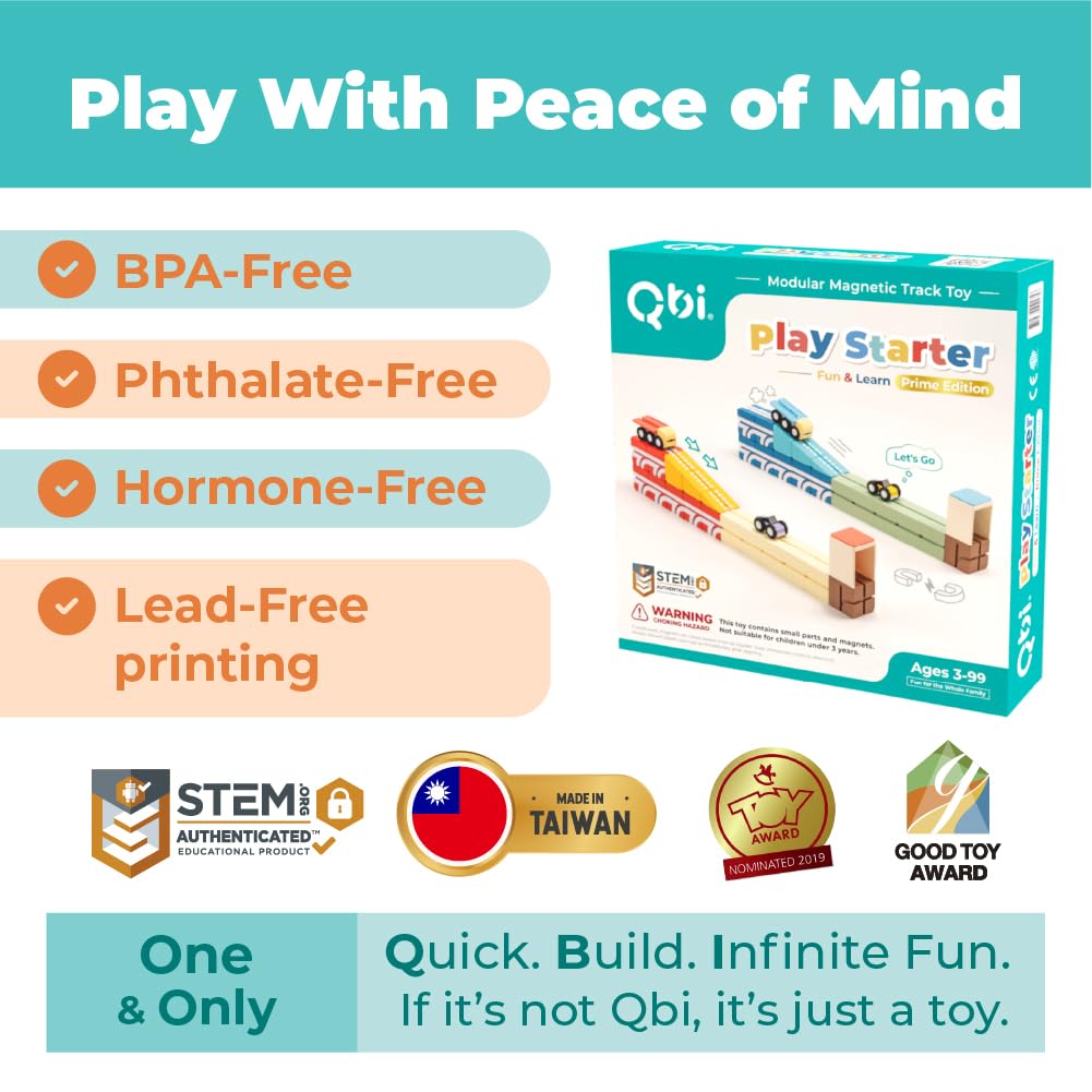 QBI Magnetische Blockschienen-Spiel-Starter-Set, 4-in-1 STEM-Bausteine mit 4 Autos und 3D-Tracks, pädagogisches sensorisches Magnetspielzeug, Vorschul-Montessori-Spielzeug für Kinder im Alter von 3, 4