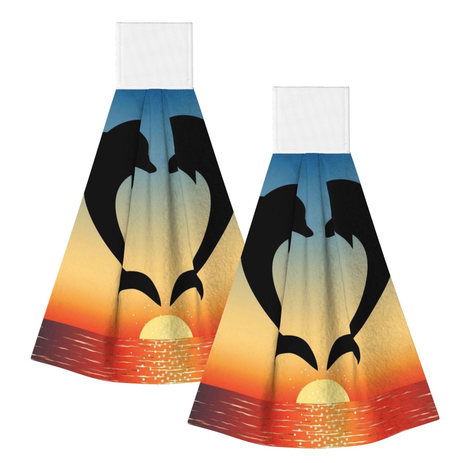 DOPKLNA Two Dolphins Jumping Shaped Heart, 2 Pcs Hanging Coral Fiber Hand Towels for Bathroom, Absorbent Kitchen Towels