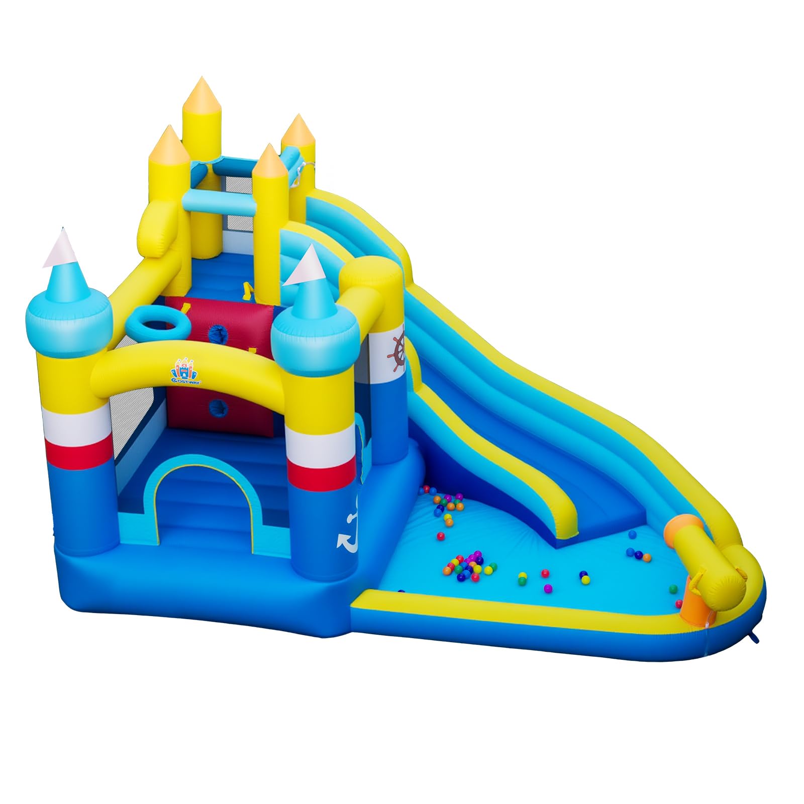 GOPLUS 6 en 1 Castillo Hinchable para Niños de 3-12 Años, Parque Acuático Infantil con Tobogán, Piscina, Trampolín, Canasta de Baloncesto y Cañón de Agua, Castillo Inflable para Interior y Exterior